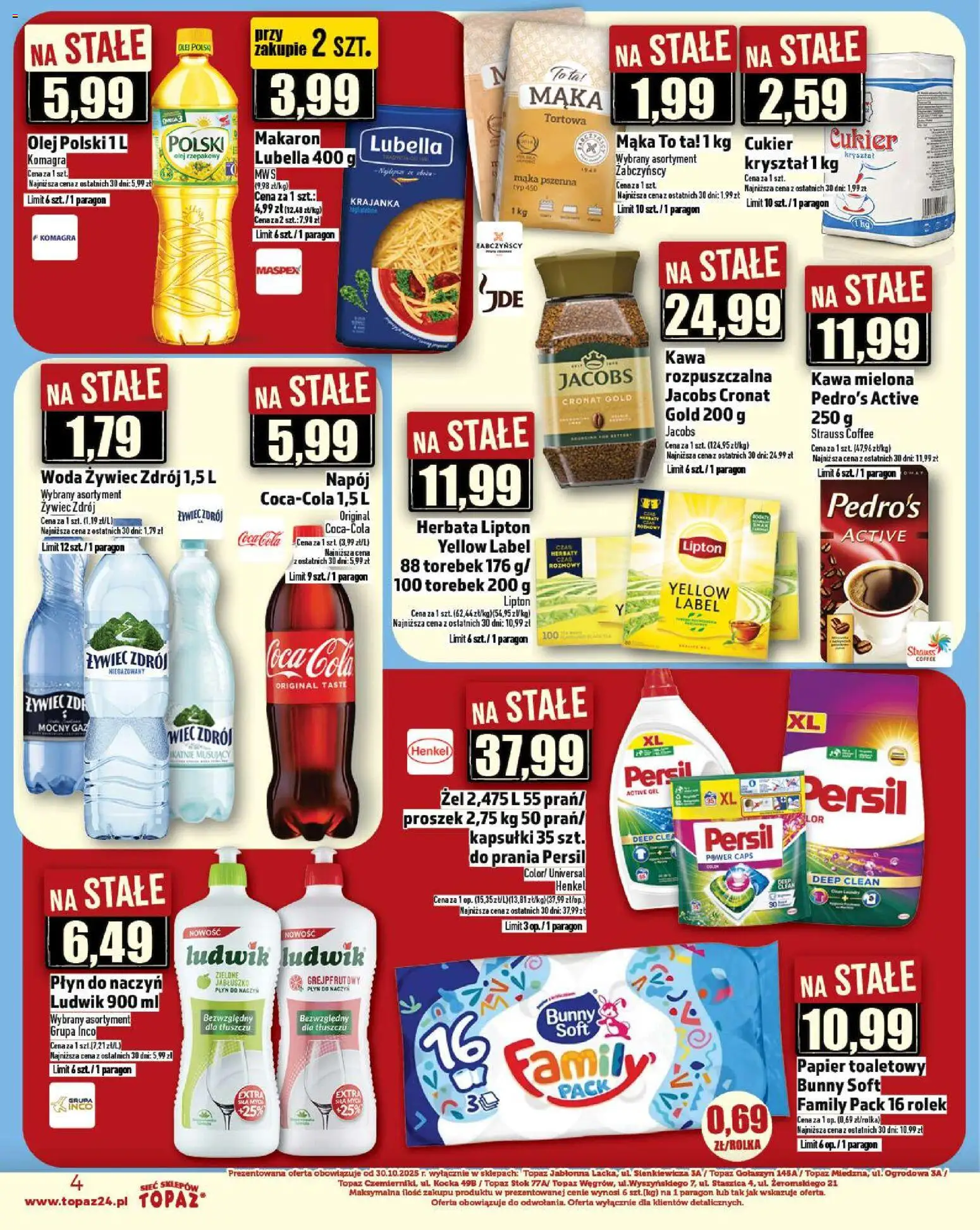 Topaz Gazetka - Ceny małe na stałe od 30.10.2025 | Strona: 4 | Produkty: Olej rzepakowy, Olej, Woda, Cukier