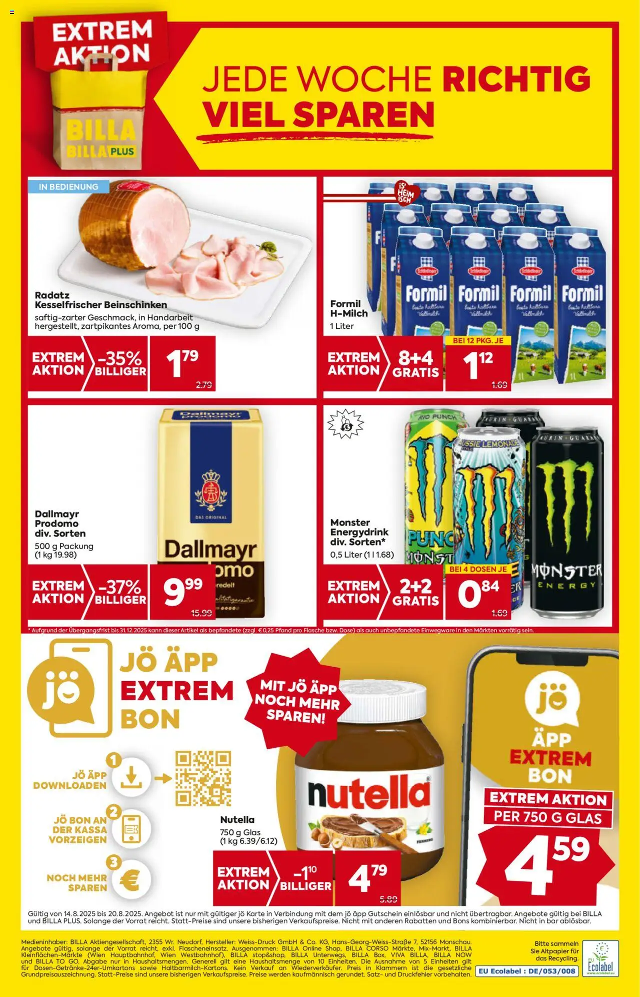 Billa AT akciós ujság - amely érvényes a következő dátumtól: 14.08.2025 | Oldal: 16 | Termékek: Nutella