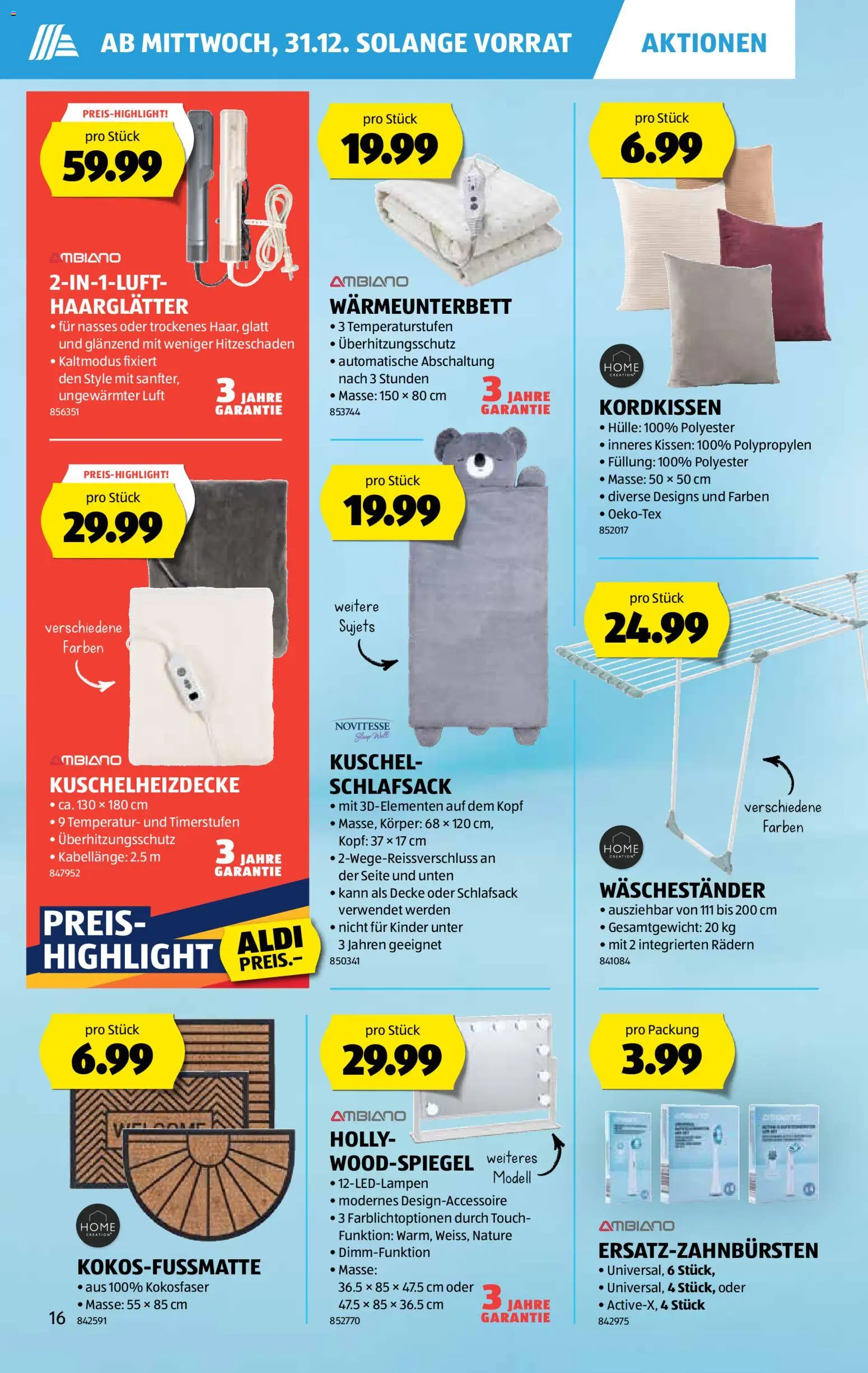 Aldi Aktionen – gültig ab 31.12.2025 | Seite: 17 | Produkte: Haarglätter, Kissen, Decke, Hülle