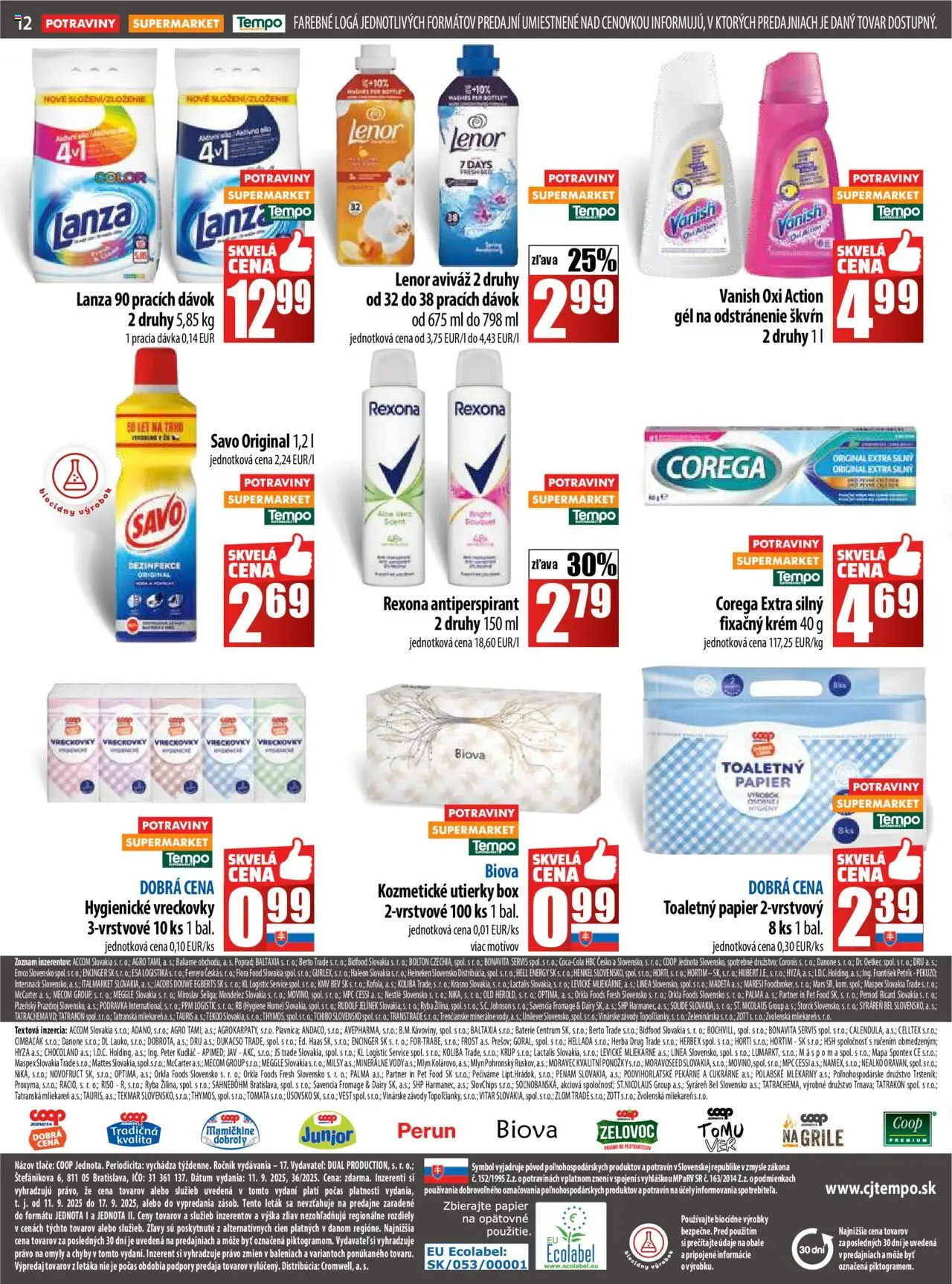 Nové COOP Jednota akcie – leták je platný od 11.09.2025 | Strana: 12 | Produkty: Savo, Vanish, Ponožky, Lenor
