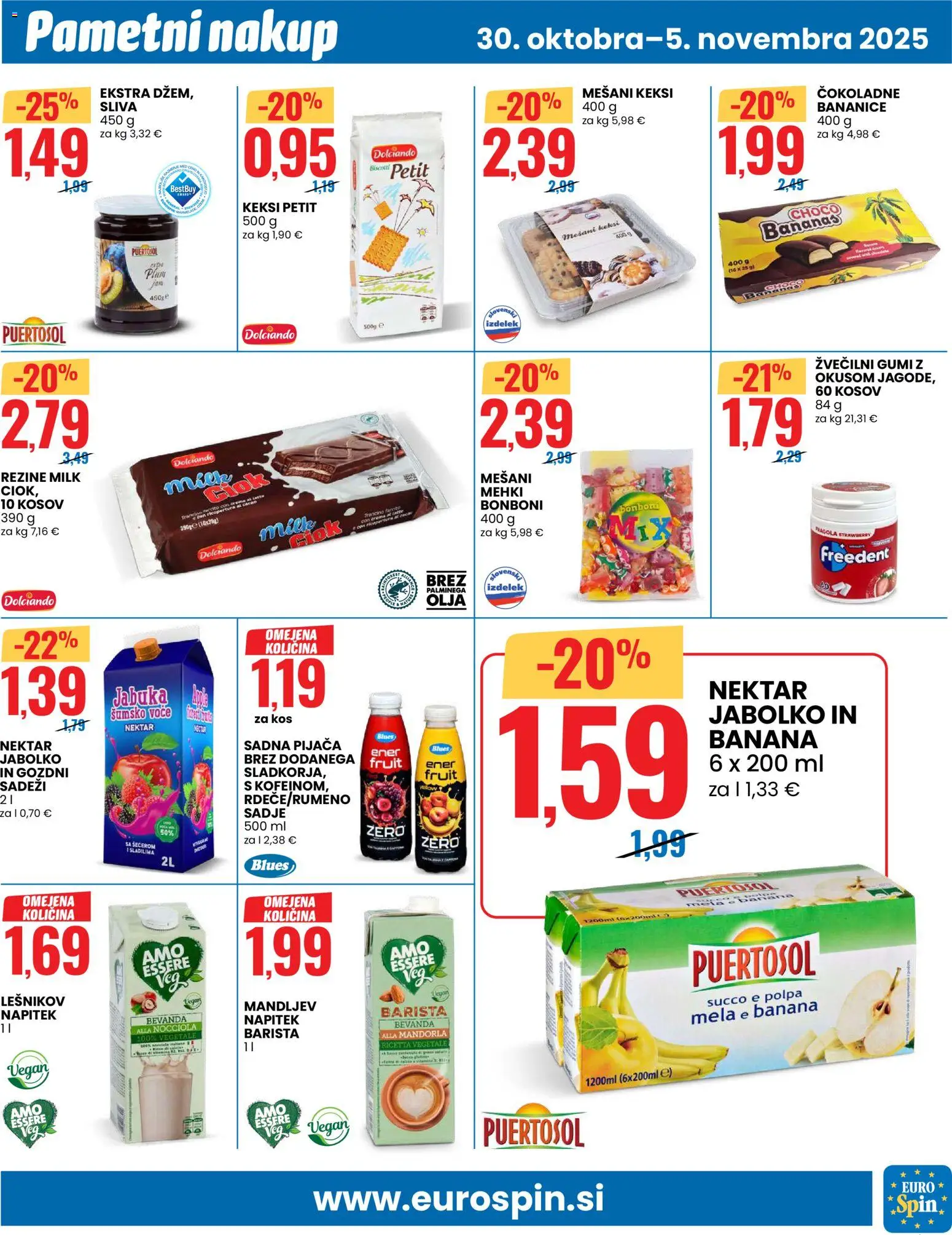 Novi Eurospin katalog ponudbe – veljaven od 30.10.2025 | Stran: 11 | Izdelki: Keksi, Žvečilni gumi, Džem, Banane
