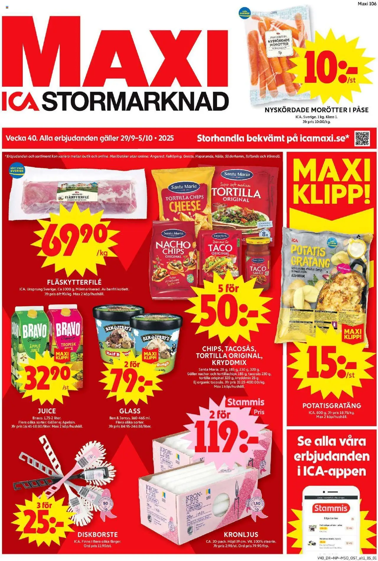 ICA Maxi reklamblad aktuell från 29.09.2025 | Sida: 1 | Produkter: Tacosås, Galler, Potatis, Ljus