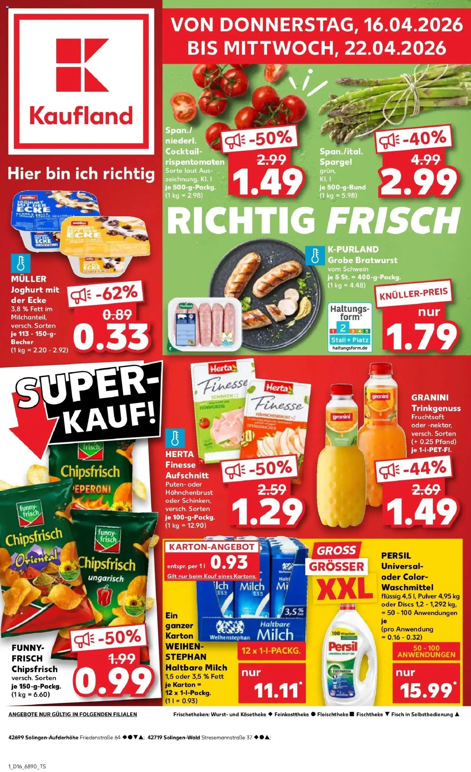 Kaufland Prospekt Solingen	 – gültig ab 16.04.2026 | Seite: 1 | Produkte: Joghurt, Haltbare milch, Bratwurst, Granini
