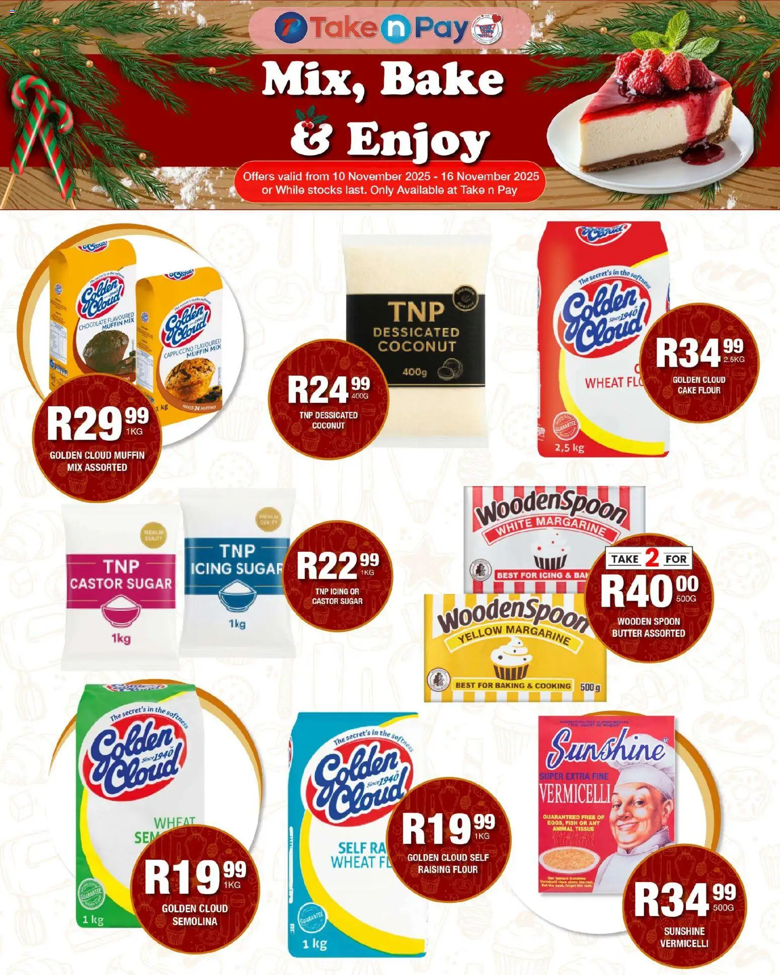 New Take n Pay catalogue – valid from 10.11.2025 | Page: 2 | Products: Cake, Muffins, Flour, Fish