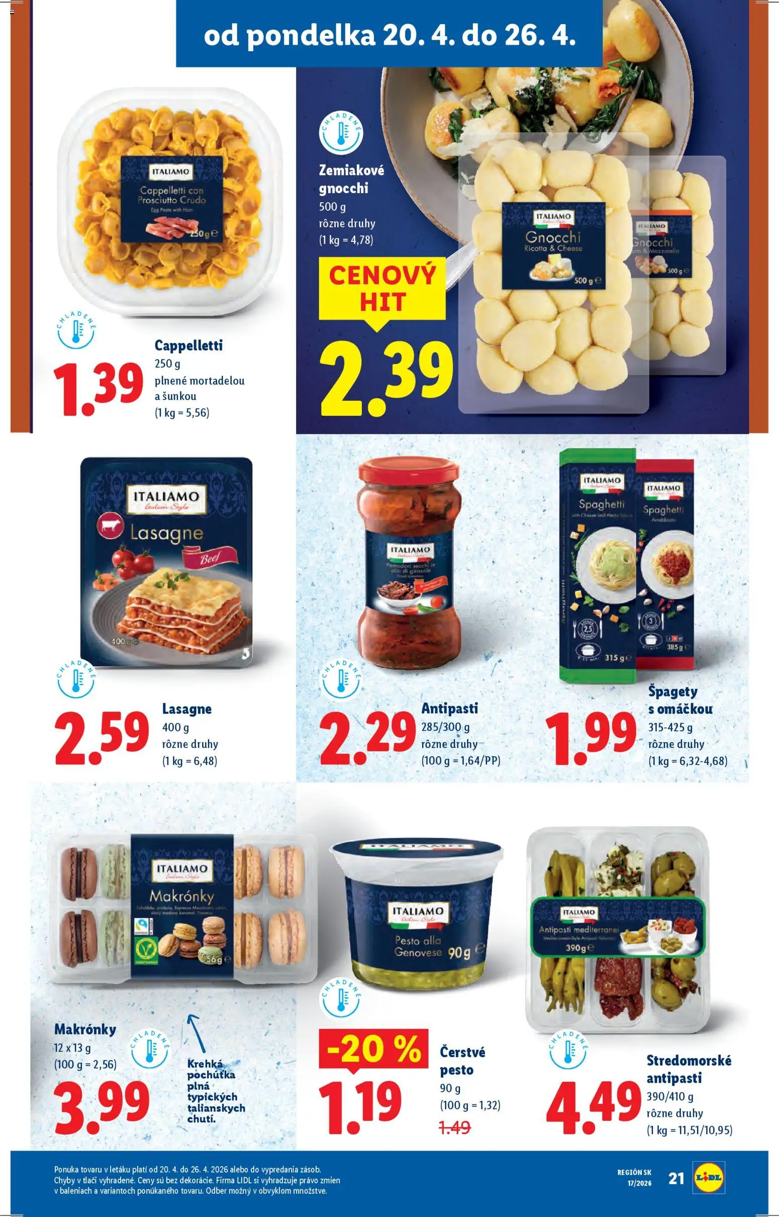 Nové Lidl akcie – leták je platný od 20.04.2026 | Strana: 21 | Produkty: Mozzarella, Makronky, Špagety, Lasagne