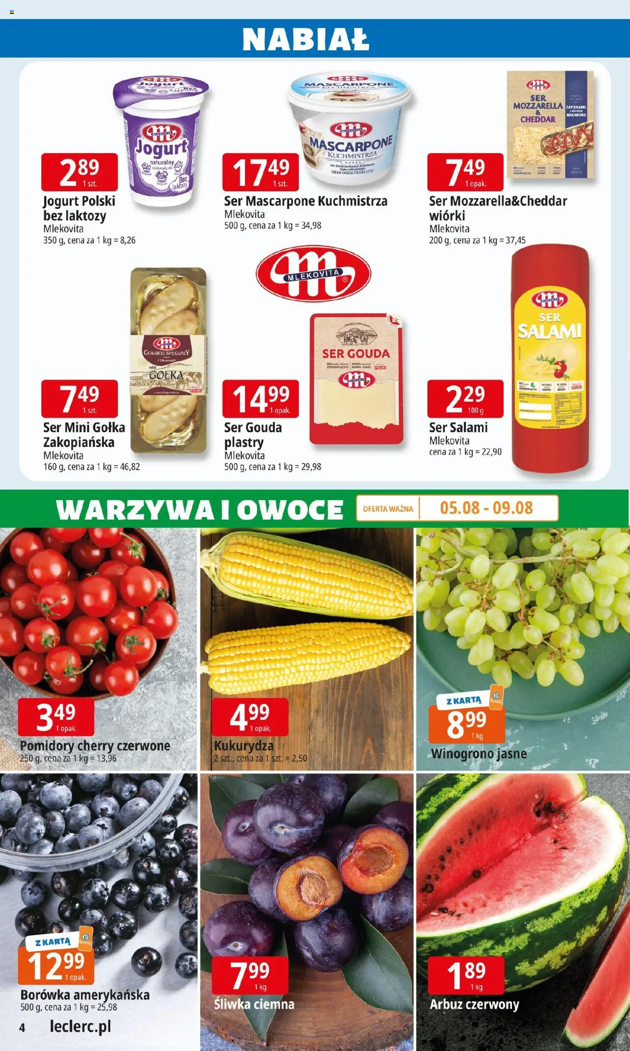 E.Leclerc Gazetka - Tychy od 05.08.2025 | Strona: 4 | Produkty: Winogrono, Bez laktozy, Mascarpone, Jogurt