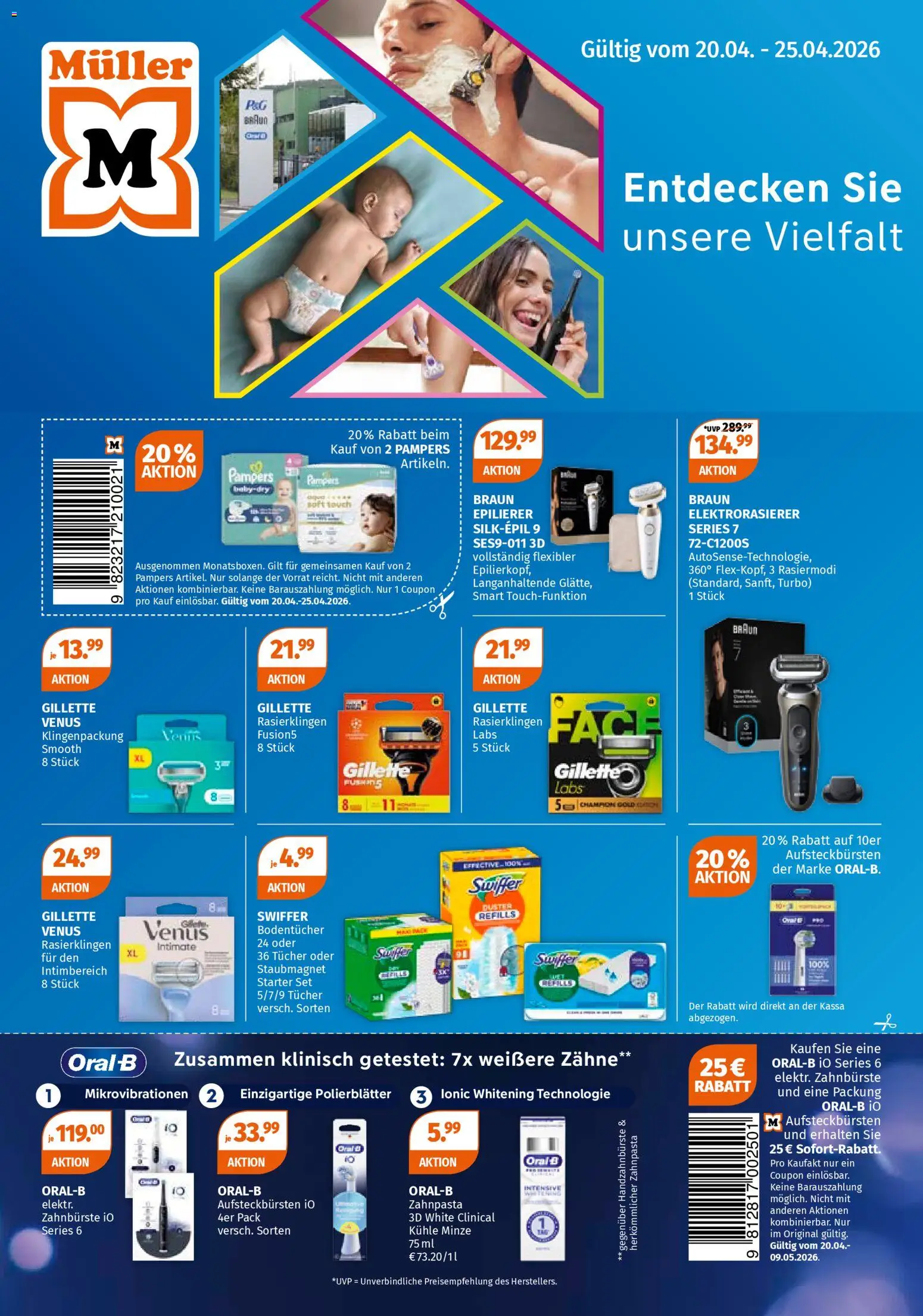 Müller P&G Sonderflyer gültig ab 20.04.2026 | Seite: 1 | Produkte: Epilierer, Pampers, Zahnpasta, Zahnbürste