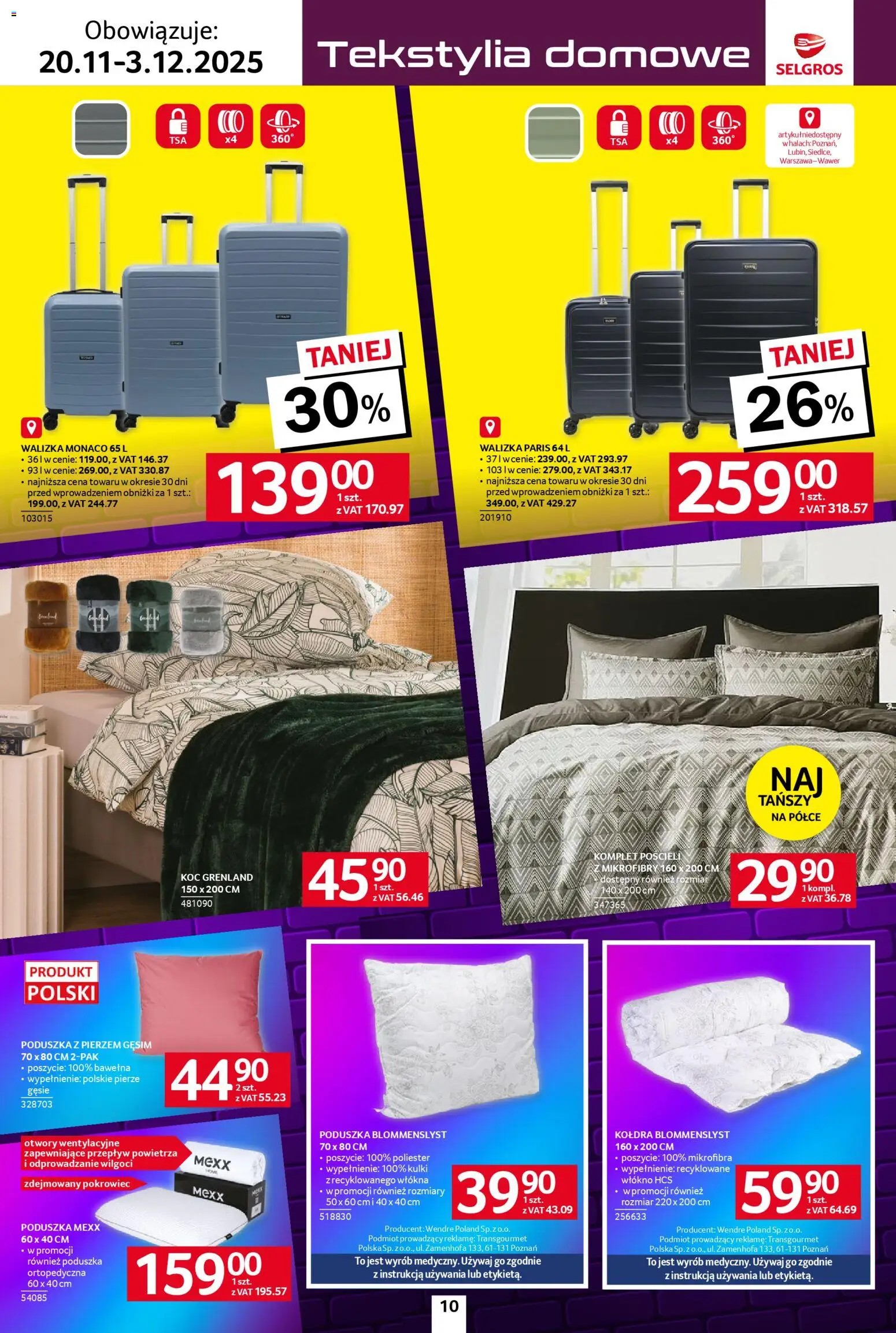 Selgros cash&carry Black Friday od 20.11.2025 | Strona: 10 | Produkty: Walizka, Koc, Poduszka ortopedyczna, Tekstylia