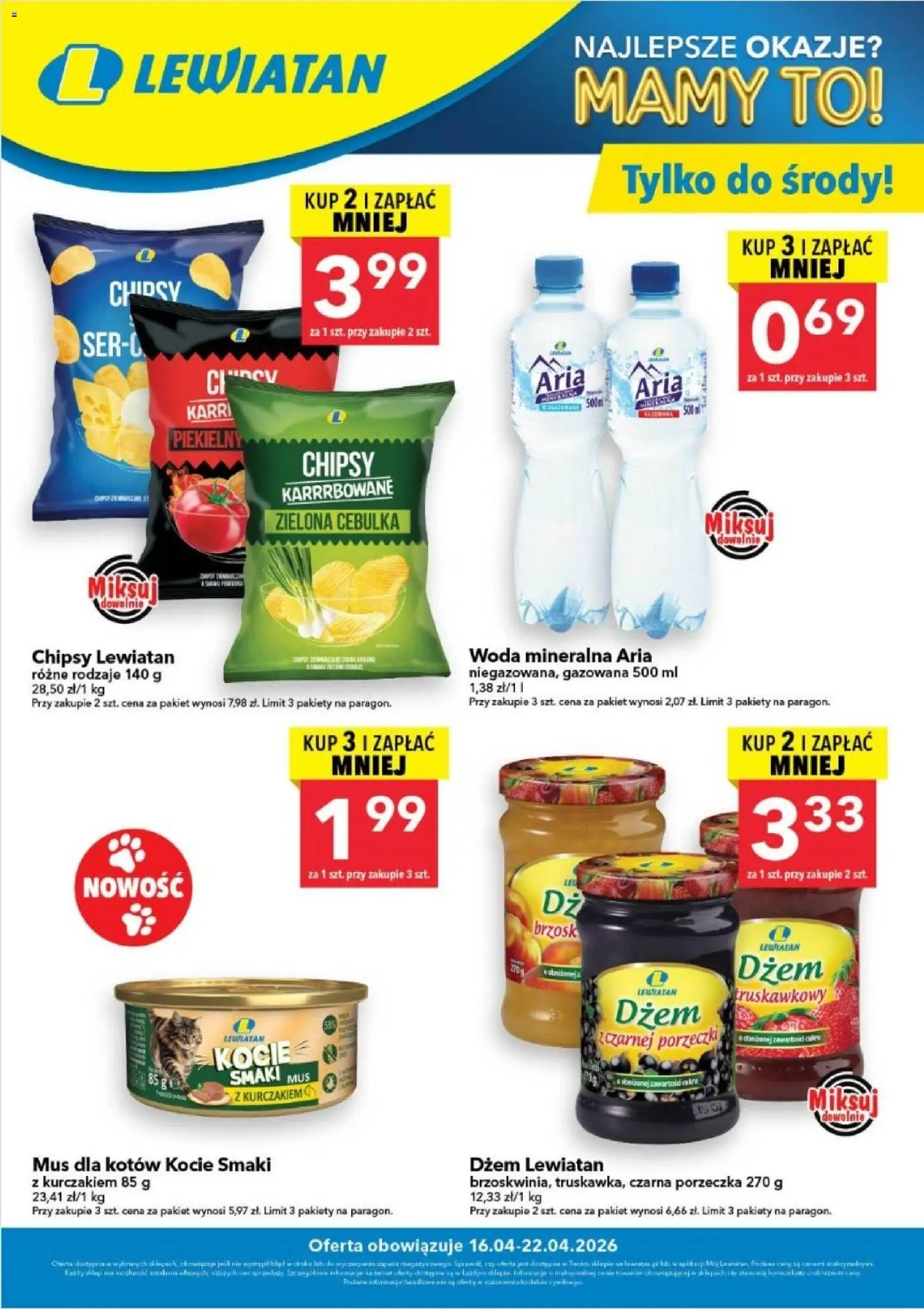 Lewiatan gazetka - W wielopakach taniej od 16.04.2026 | Strona: 1 | Produkty: Chipsy, Porzeczka, Dżem, Woda