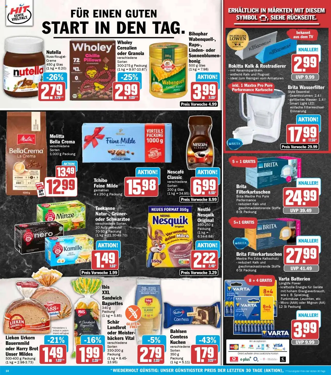 HIT - Baden-Württemberg – gültig ab 06.10.2025 | Seite: 14 | Produkte: Creme, Nutella, Teekanne, Brot