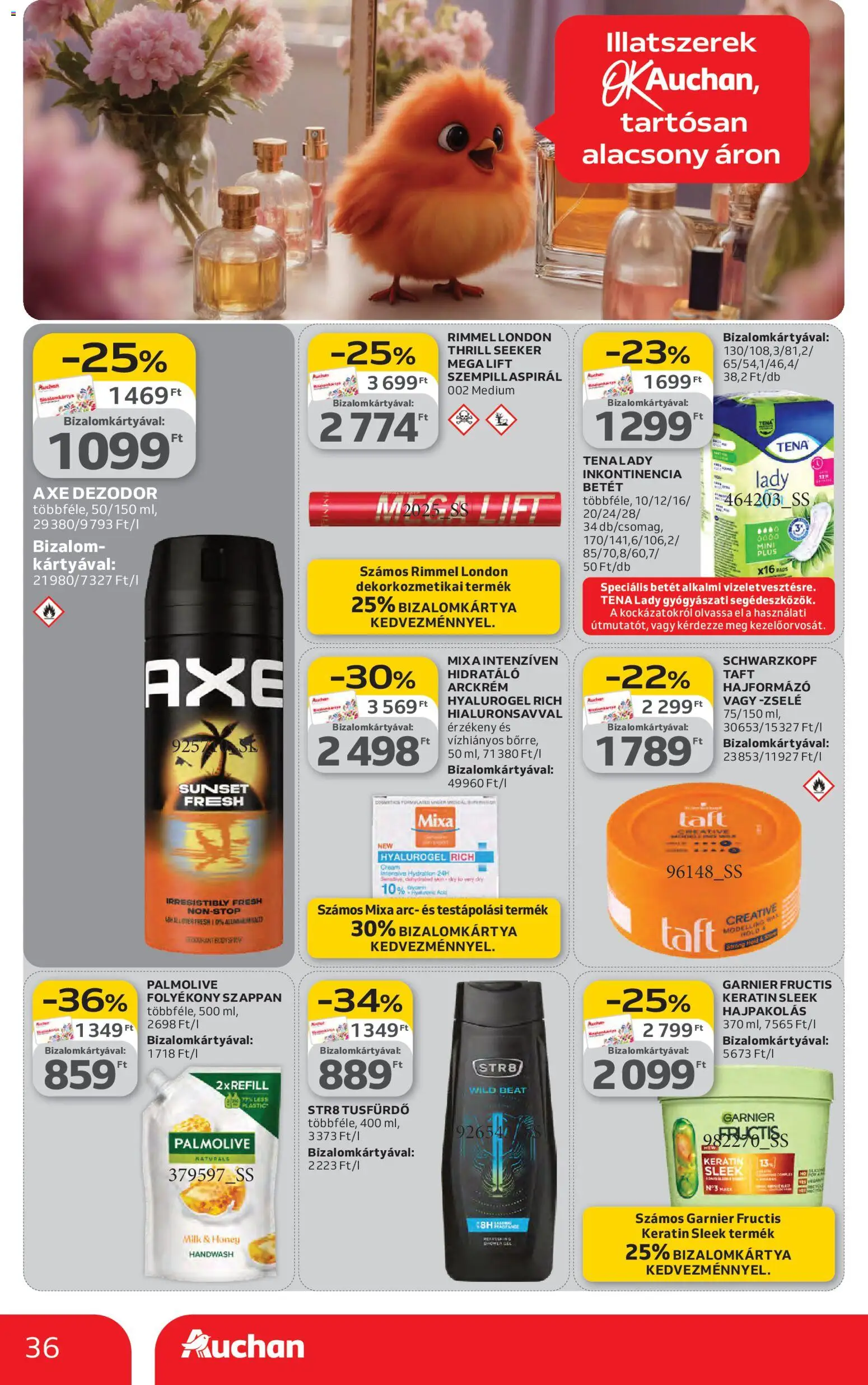 Auchan akciós ujság - amely érvényes a következő dátumtól: 12.02.2026 | Oldal: 36 | Termékek: Szempillaspirál, Hajformázó, Arckrém, Tusfürdő