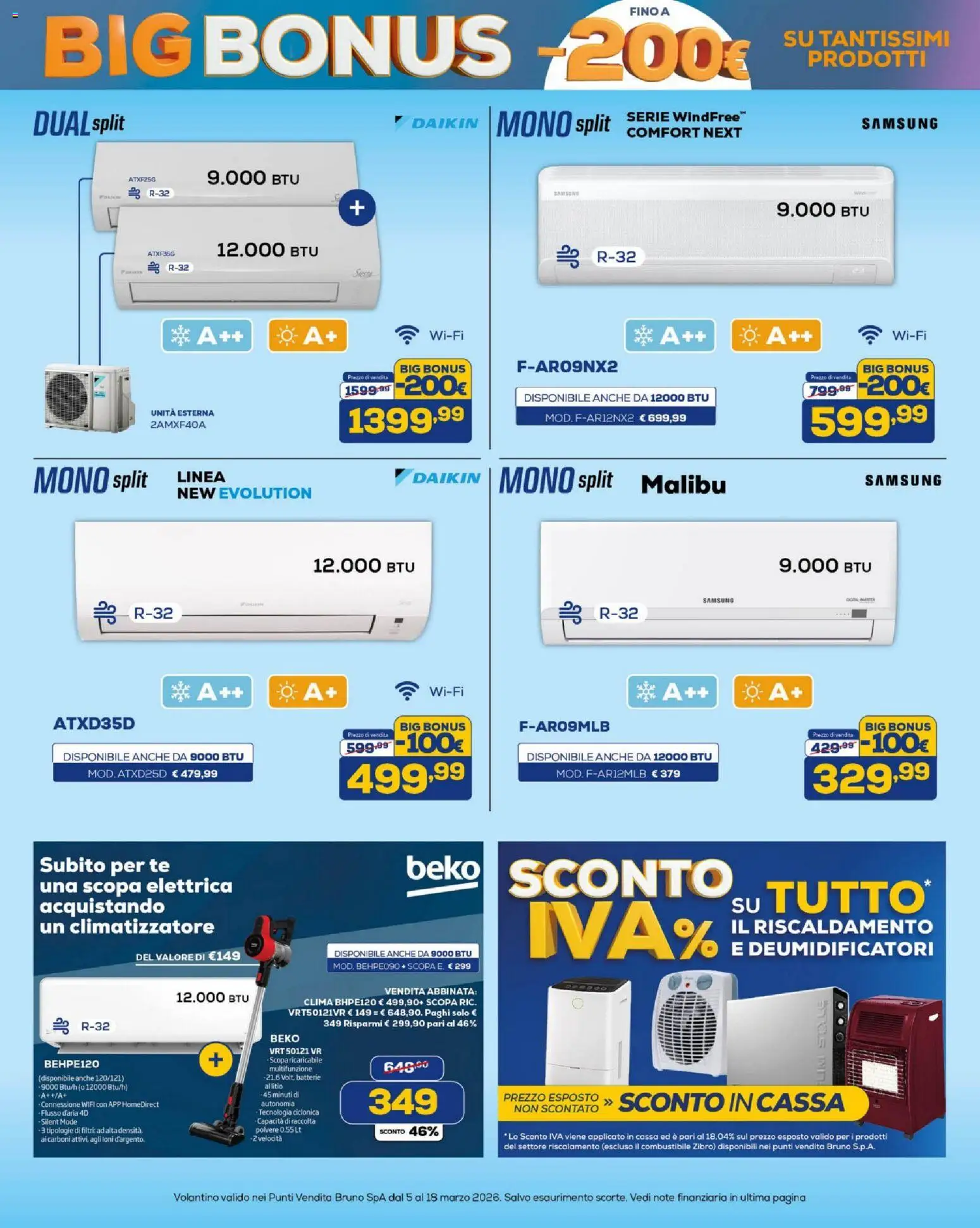 Volantino BRUNO del 05.03.2026 | Pagina: 34 | Prodotti: Climatizzatore, Tè, Scopa, Batterie