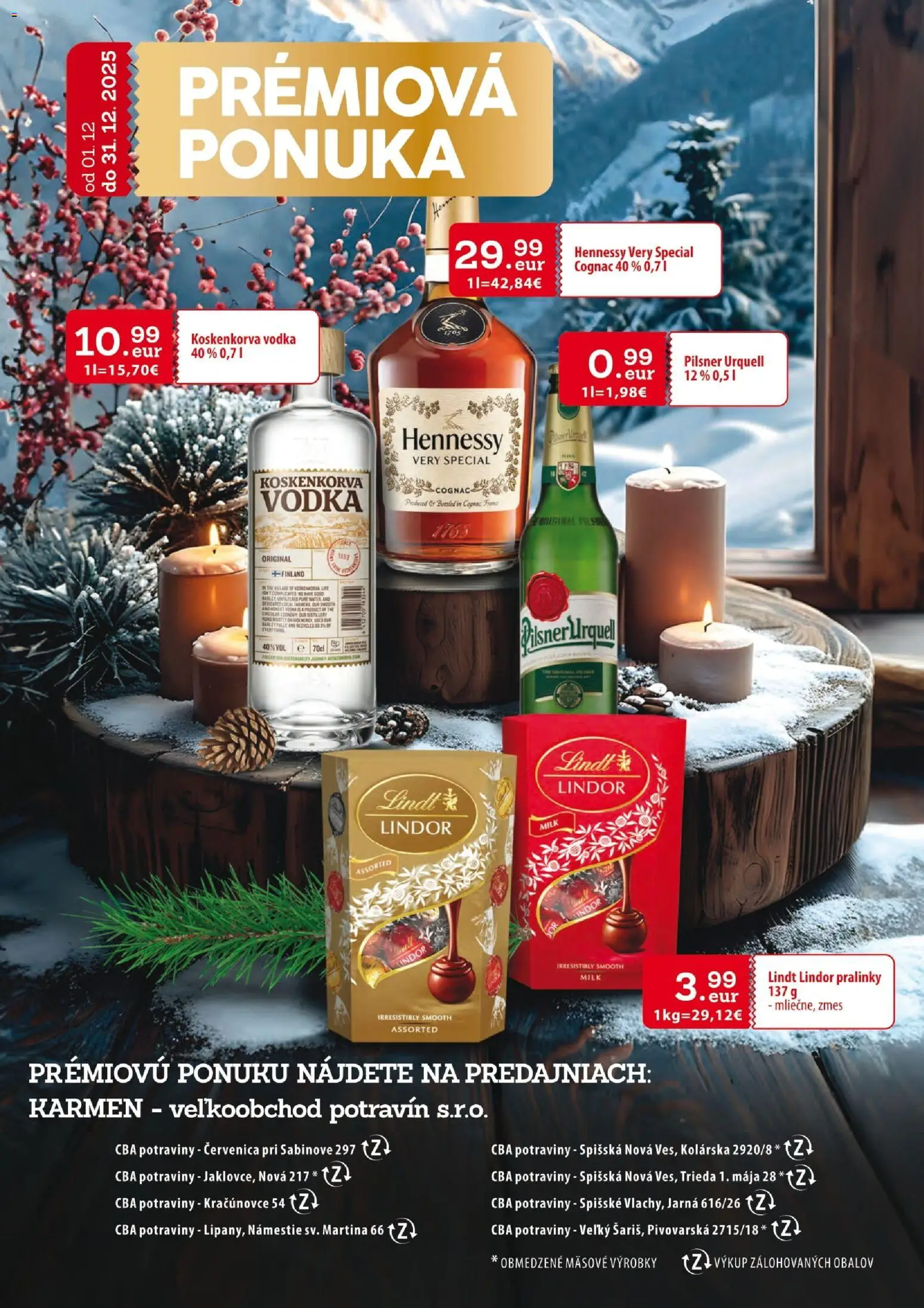 Nové KARMEN CBA akcie – leták je platný od 01.12.2025 | Strana: 27 | Produkty: Pilsner Urquell, Lindt, Vodka, Hennessy
