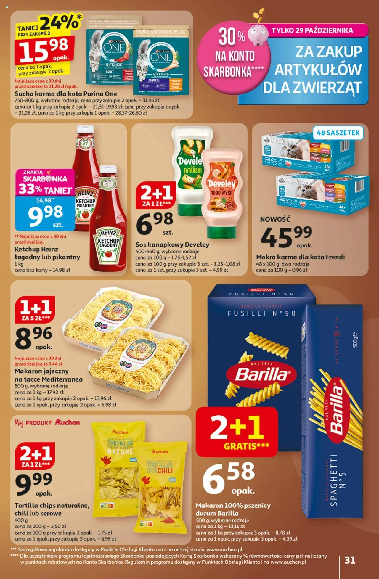 Auchan Gazetka - Wielkie przeboje cenowe Hipermarket od 23.10.2025 | Strona: 31 | Produkty: Ketchup, Tortilla, Karma dla kota, Makaron