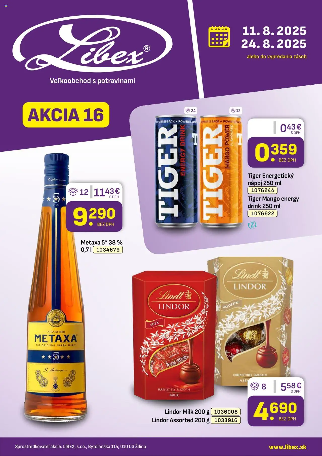 Libex leták │ platný od 11.08.2025 | Strana: 1 | Produkty: Metaxa, Lindor, Lindt, Mango