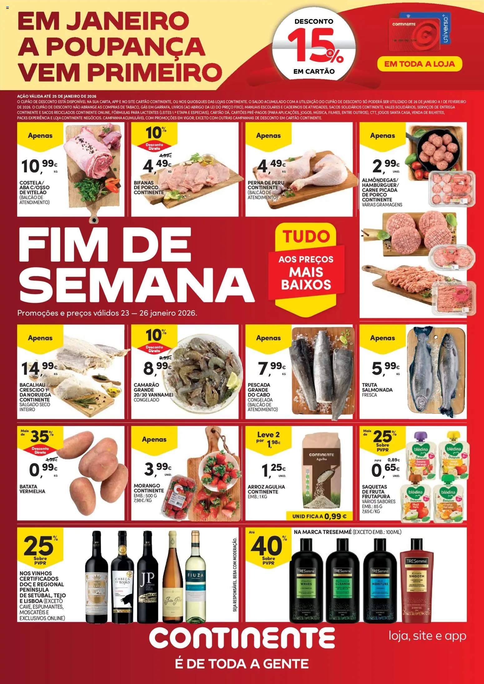 Continente - Fim de Semana │ válido de 23.01.2026 | Página: 1 | Produtos: Bacalhau, Peru, Carne picada, Arroz
