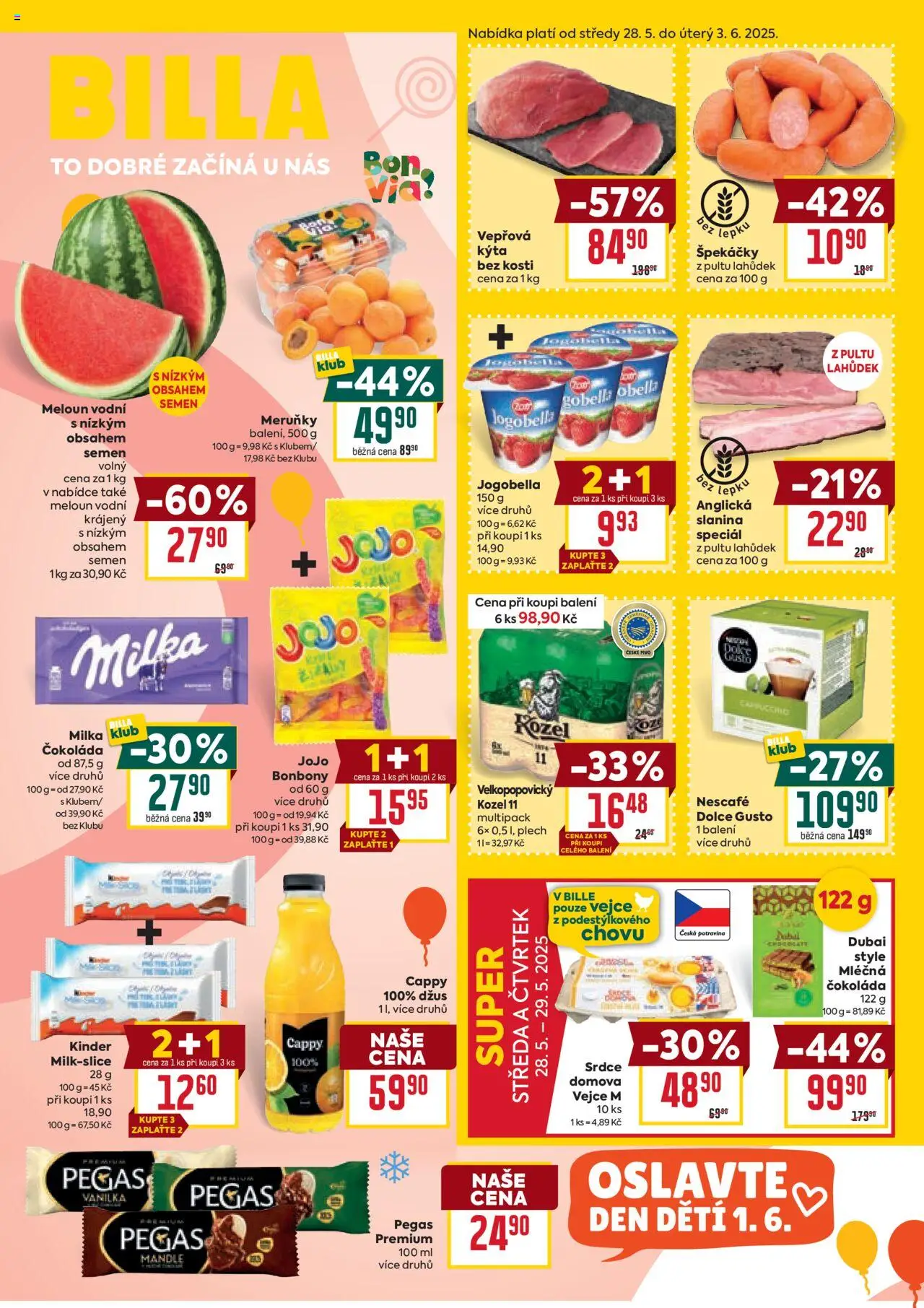 Billa Velký leták od 28.05.2025 | Strana: 1 | Produkty: Dolce Gusto, Nescafé Dolce Gusto, Slanina, Milk chocolate