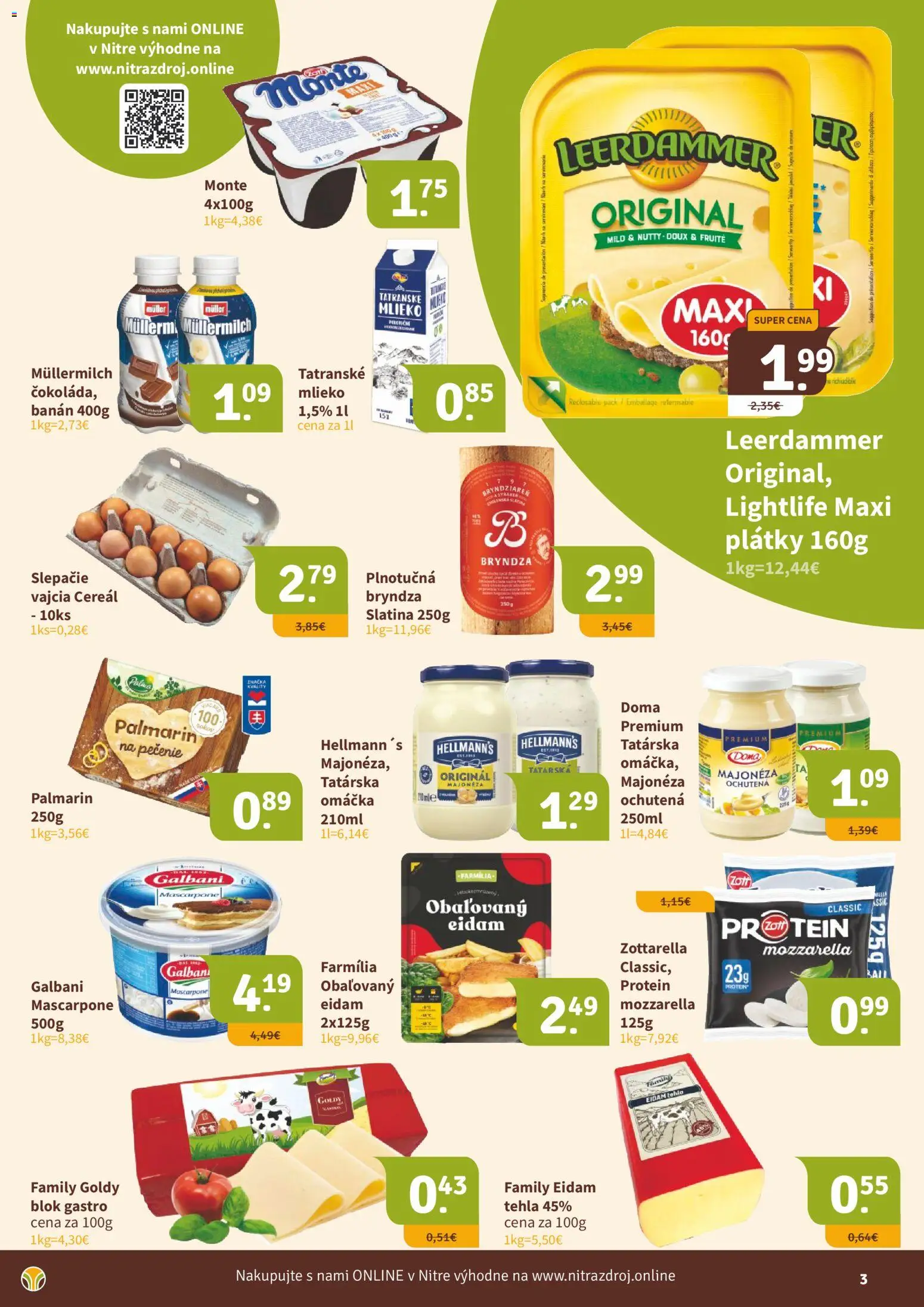 Nové Nitrazdroj akcie – leták je platný od 20.03.2026 | Strana: 3 | Produkty: Protein, Bryndza, Omáčka, Mascarpone