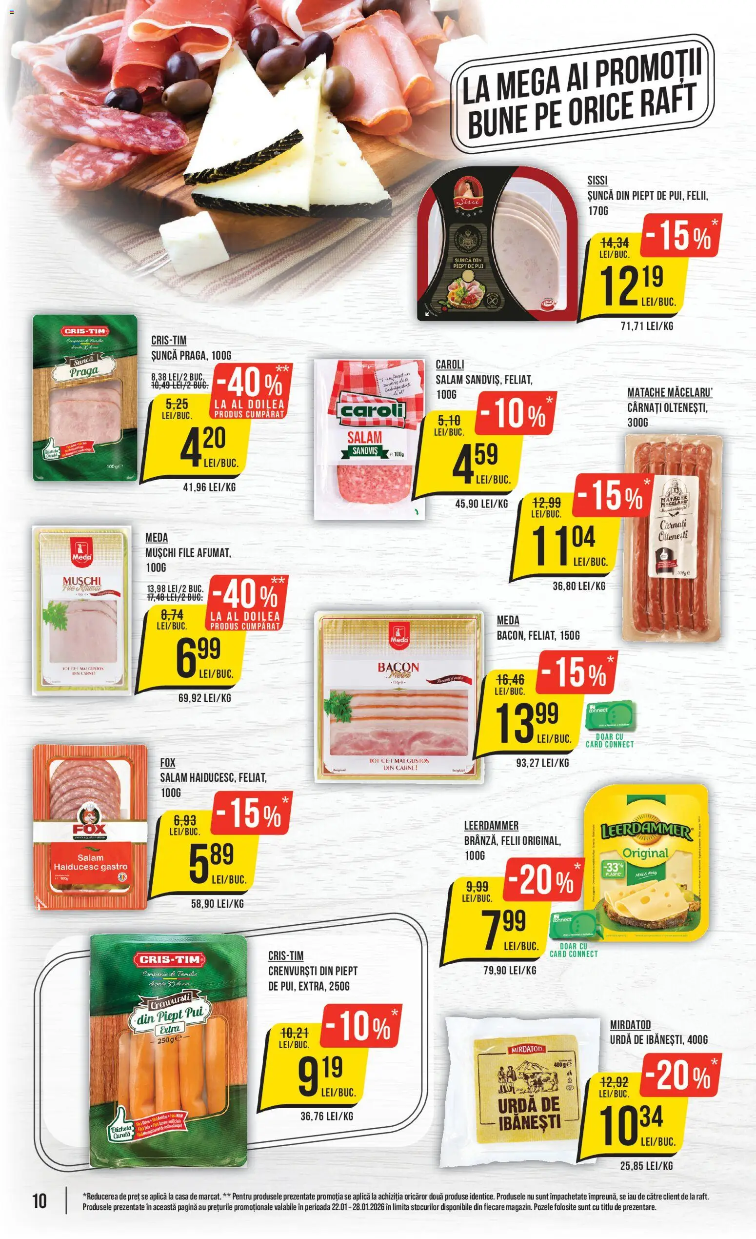 Noul catalog Mega Image – valabil de la 22.01.2026 | Pagină: 10 | Produse: Raft, Bacon, Șuncă, Pește