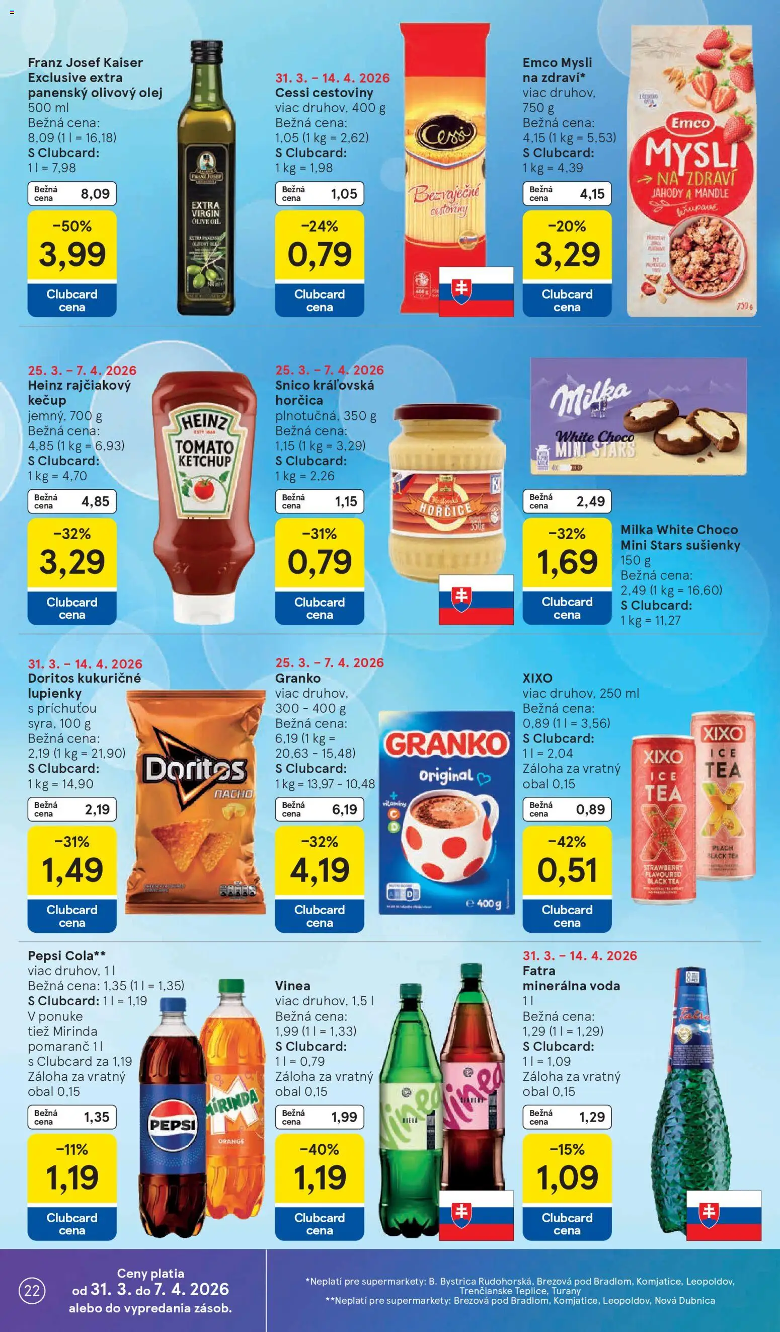 Nové Tesco akcie – leták je platný od 31.03.2026 | Strana: 22 | Produkty: Voda, Pepsi, Mirinda, Cola