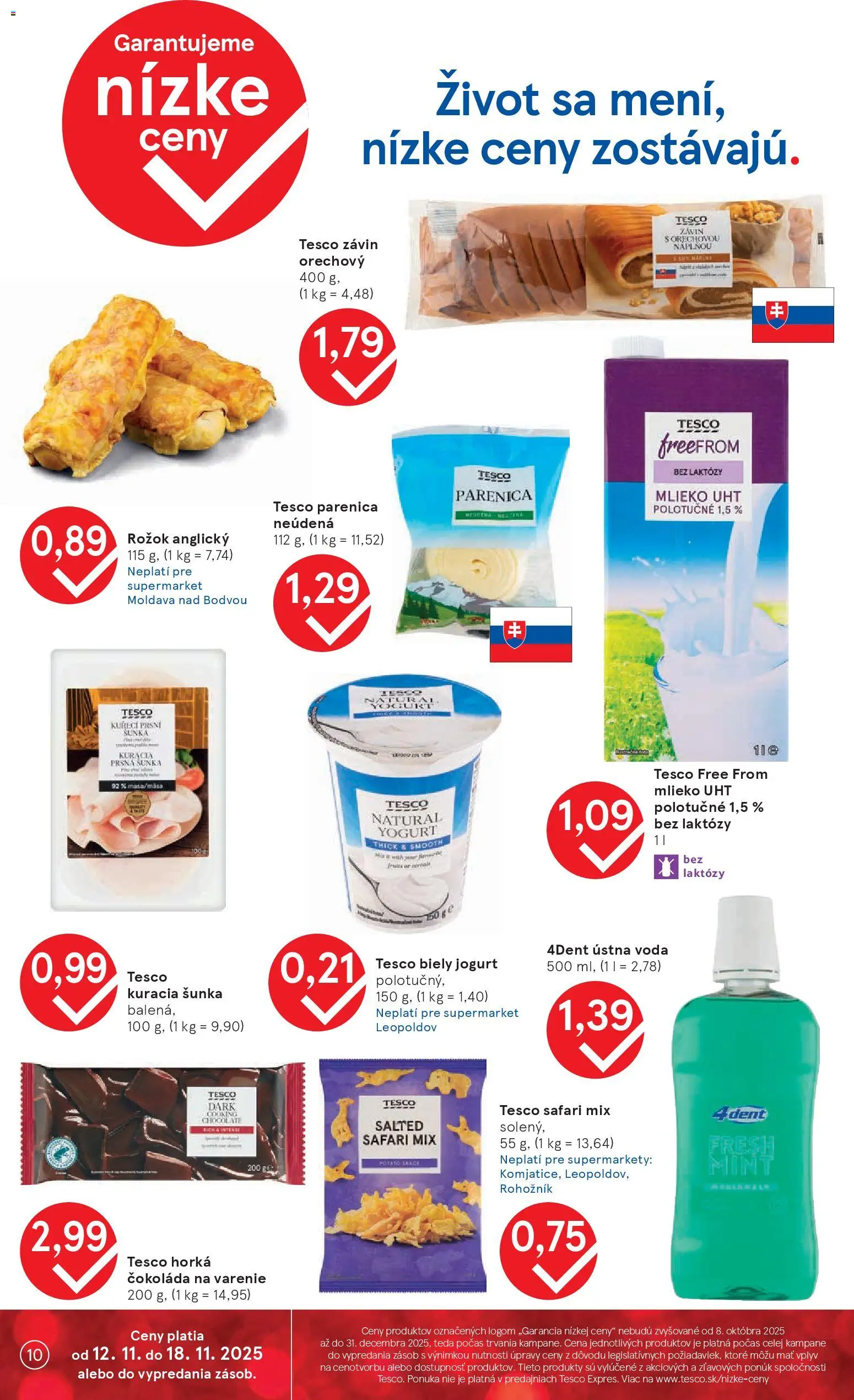 Nové Tesco akcie – leták je platný od 12.11.2025 | Strana: 10 | Produkty: Mlieko, Jogurt, Šunka, Čokoláda