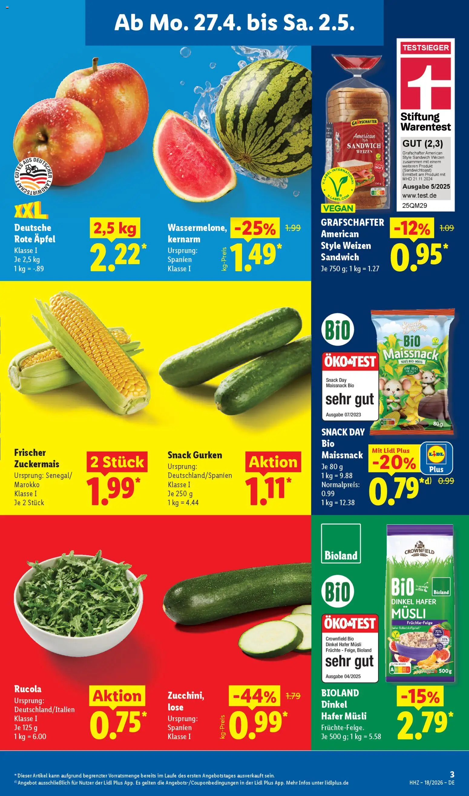 Lidl Prospekt – gültig ab 27.04.2026 | Seite: 5 | Produkte: Musli, Rucola, Äpfel, Gurken