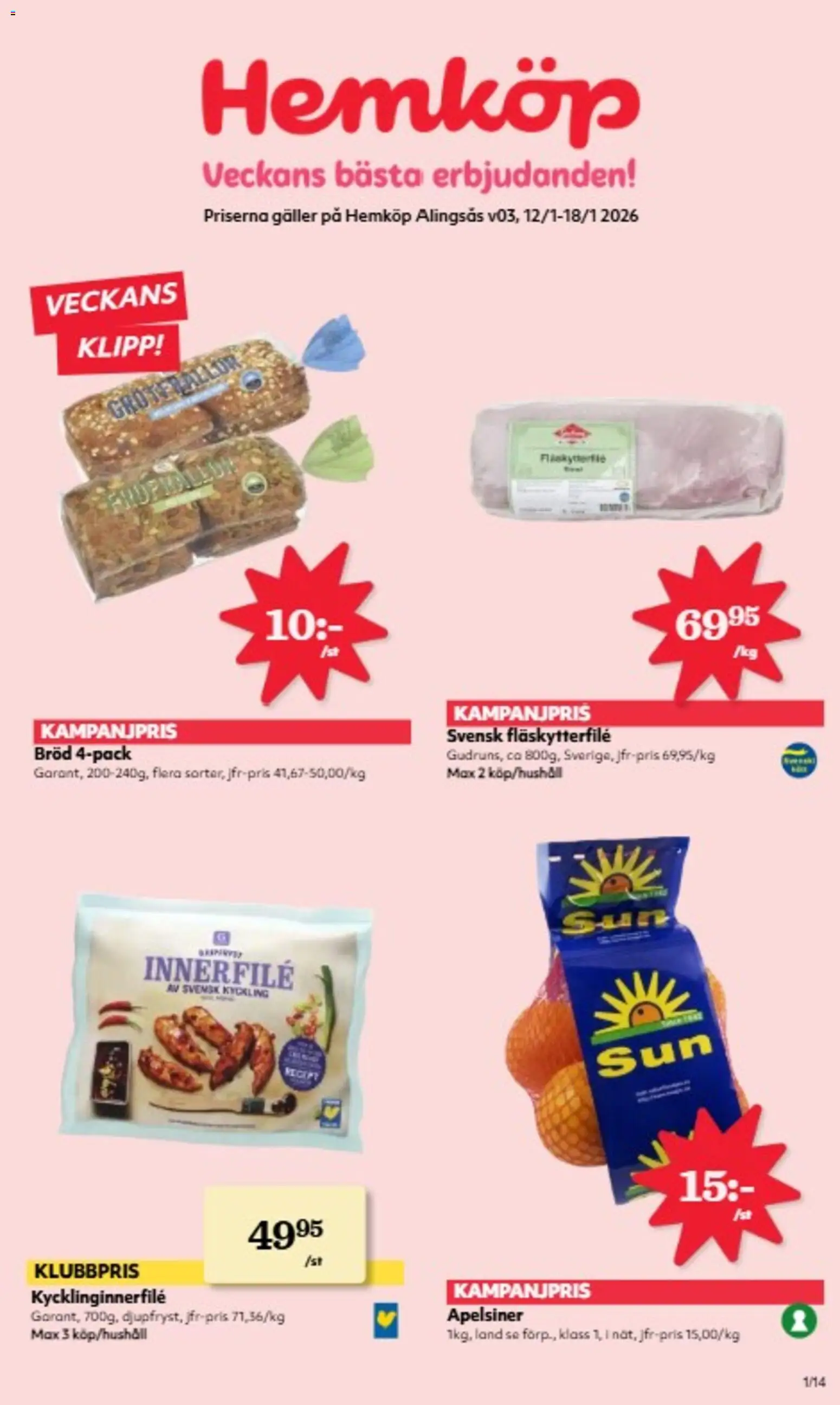 Hemköp reklamblad aktuell från 12.01.2026 | Sida: 1 | Produkter: Galler, Fläskytterfilé, Bröd, Apelsiner