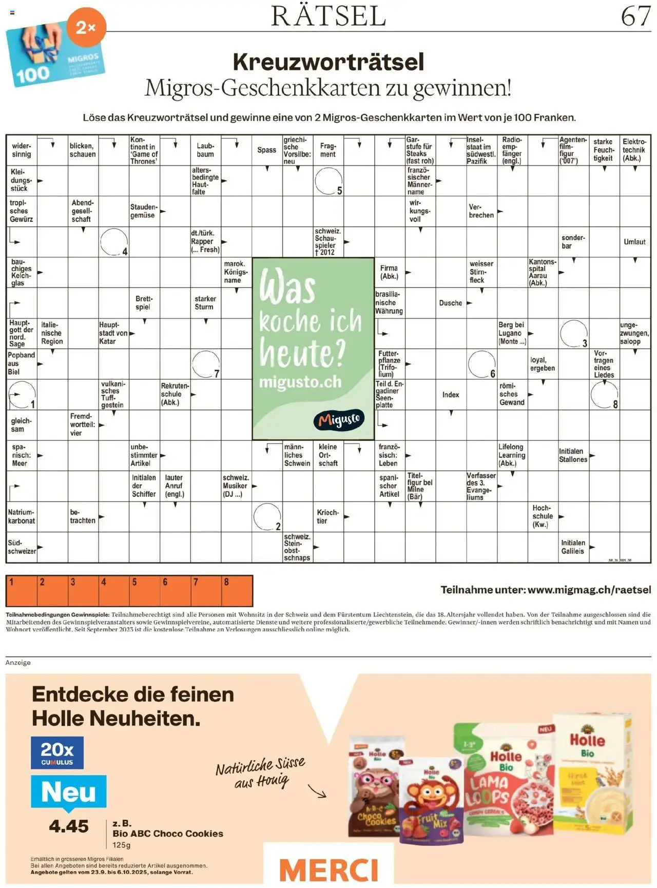 Migros Magazin – gültig ab 22.09.2025 | Seite: 67 | Produkte: Schnaps, Gemüse, Spiel, Radio