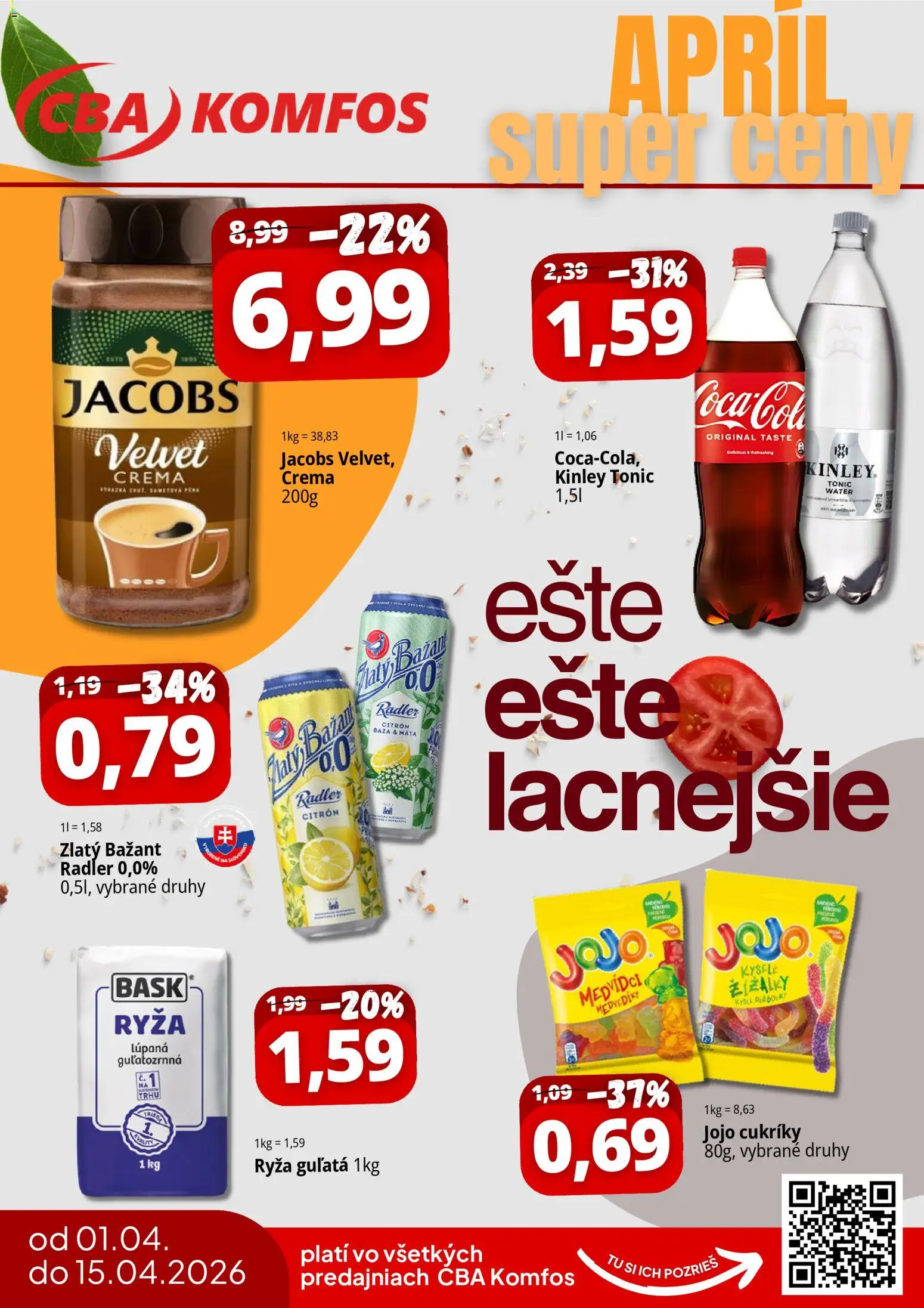 Nové CBA Komfos akcie – leták je platný od 01.04.2026 | Strana: 1 | Produkty: Ryža, Radler, Zlatý Bažant, Cukríky