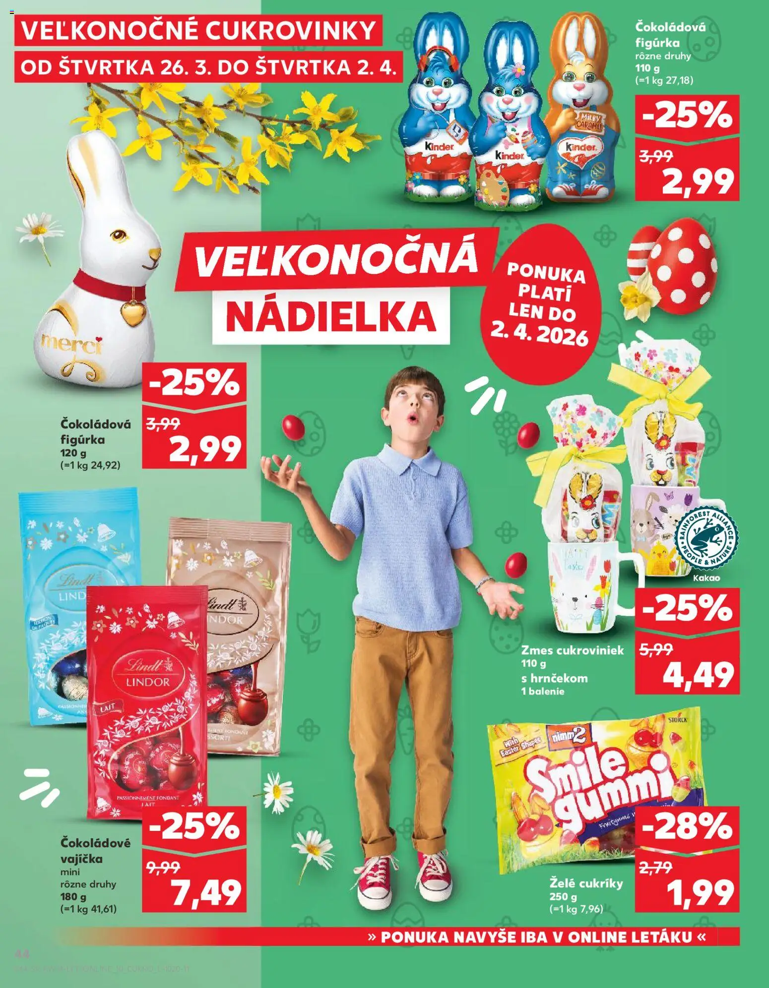 Nové Kaufland akcie – leták je platný od 01.04.2026 | Strana: 44 | Produkty: Lindor, Merci, Kinder, Cukríky