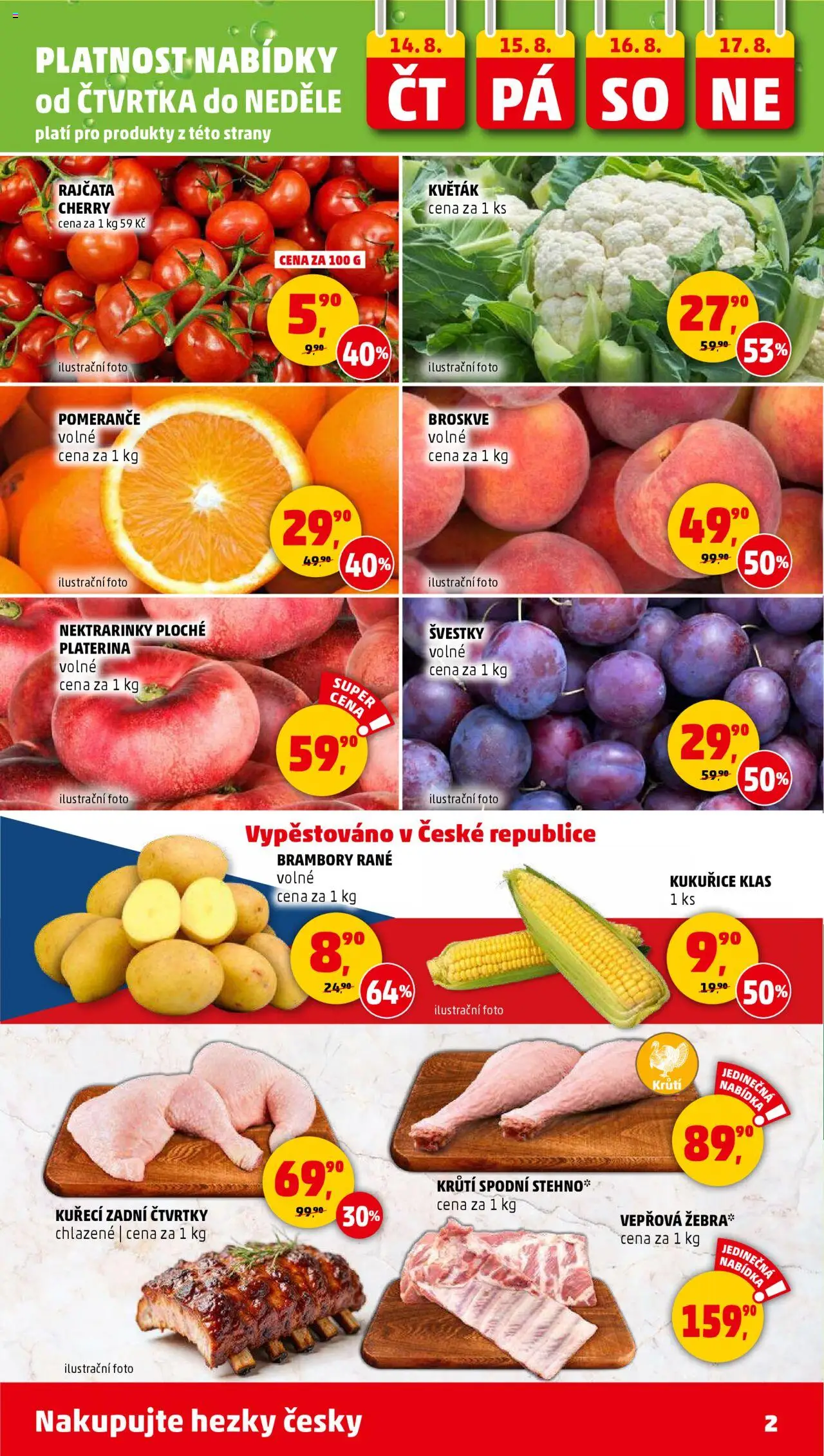 Penny Market leták - Čtvrtečník od 14.08.2025 | Strana: 2 | Produkty: Švestky, Rajčata, Broskve, Vepřová žebra