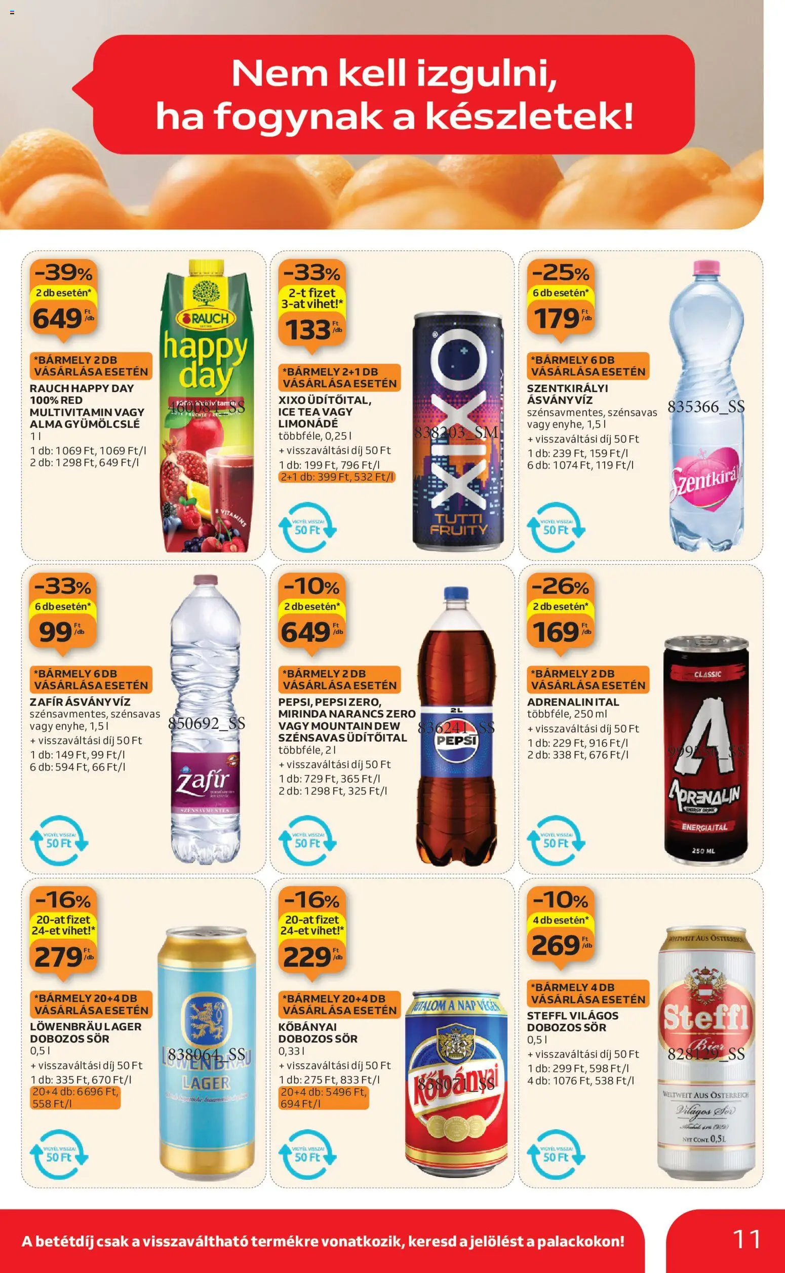 Auchan akciós ujság - amely érvényes a következő dátumtól: 08.01.2026 | Oldal: 11 | Termékek: Pepsi, Ásványvíz, Sör, Tea