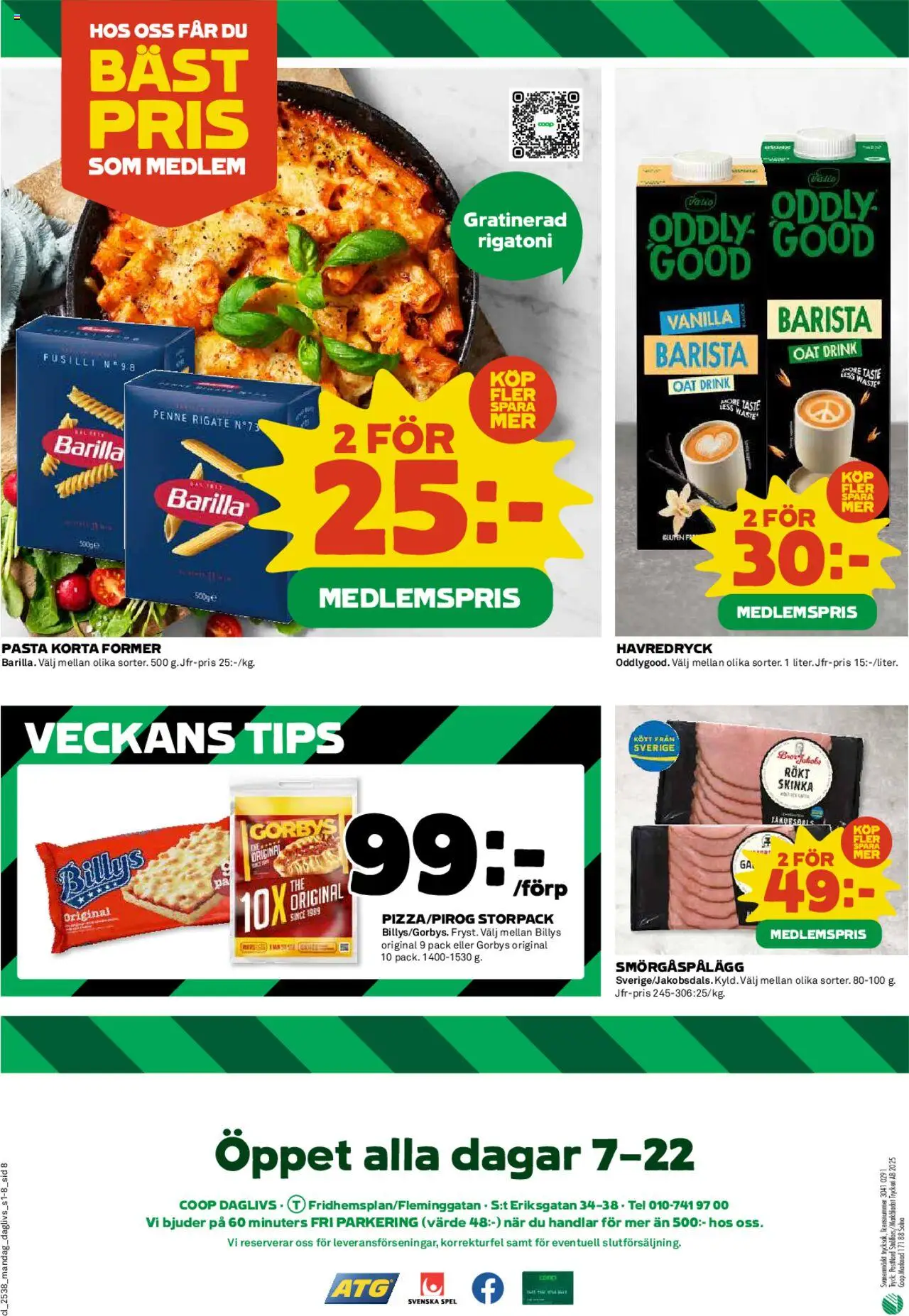 Coop Daglivs reklamblad aktuell från 15.09.2025 | Sida: 8 | Produkter: Smörgåspålägg, Havredryck, Skinka, Pasta
