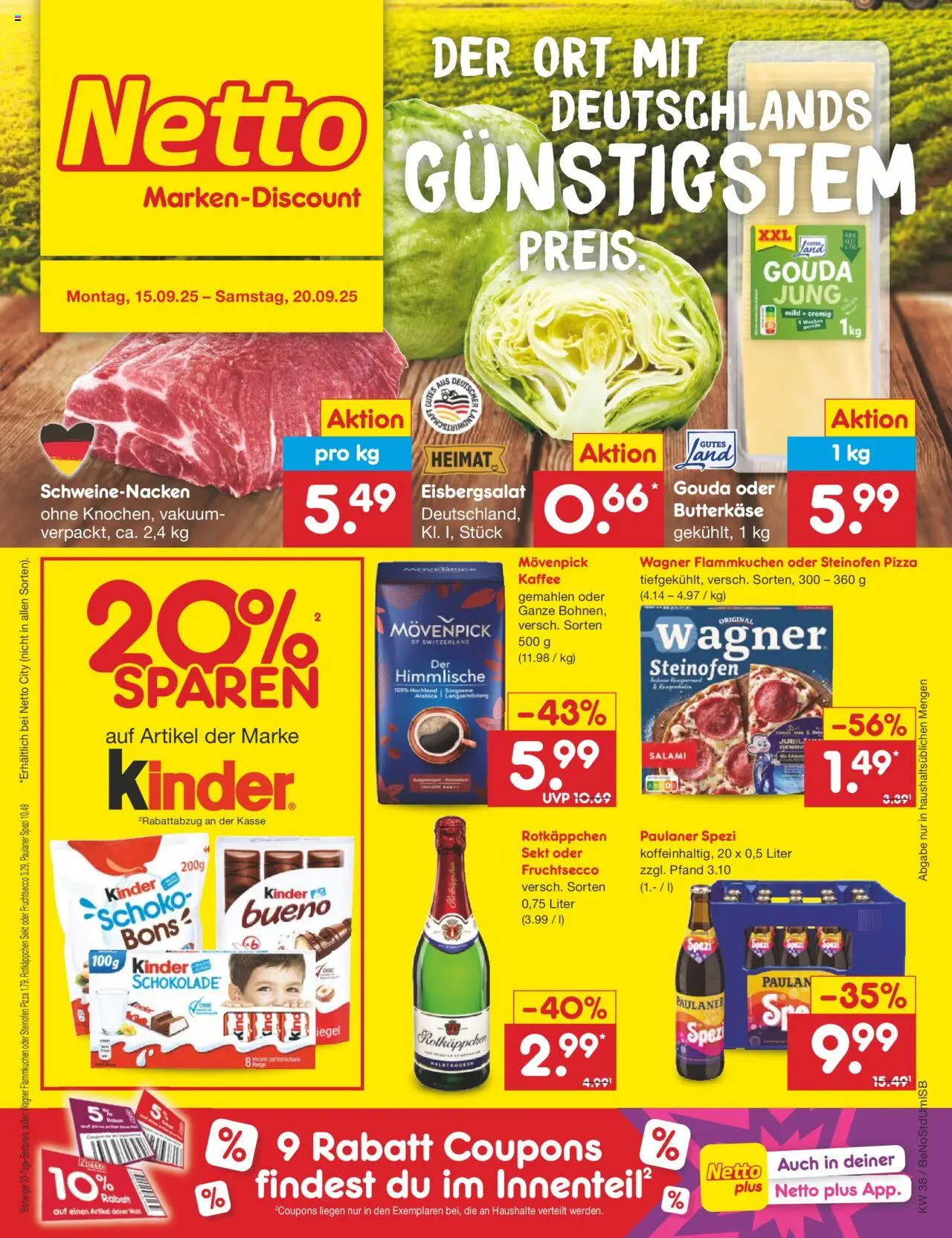 Netto Marken-Discount Prospekt 	 – gültig ab 15.09.2025 | Seite: 1 | Produkte: Paulaner spezi, Rotkäppchen, Pizza, Paulaner