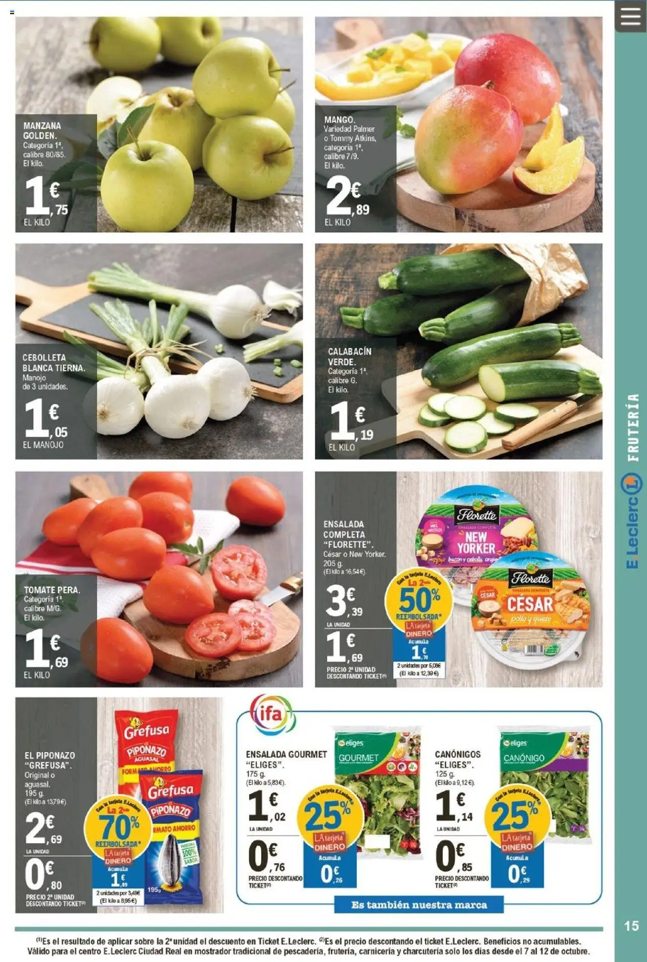 E.Leclerc folleto │ válido desde el 07.10.2025 | Página: 15 | Productos: Calabacín, Queso, Manzana, Ensalada