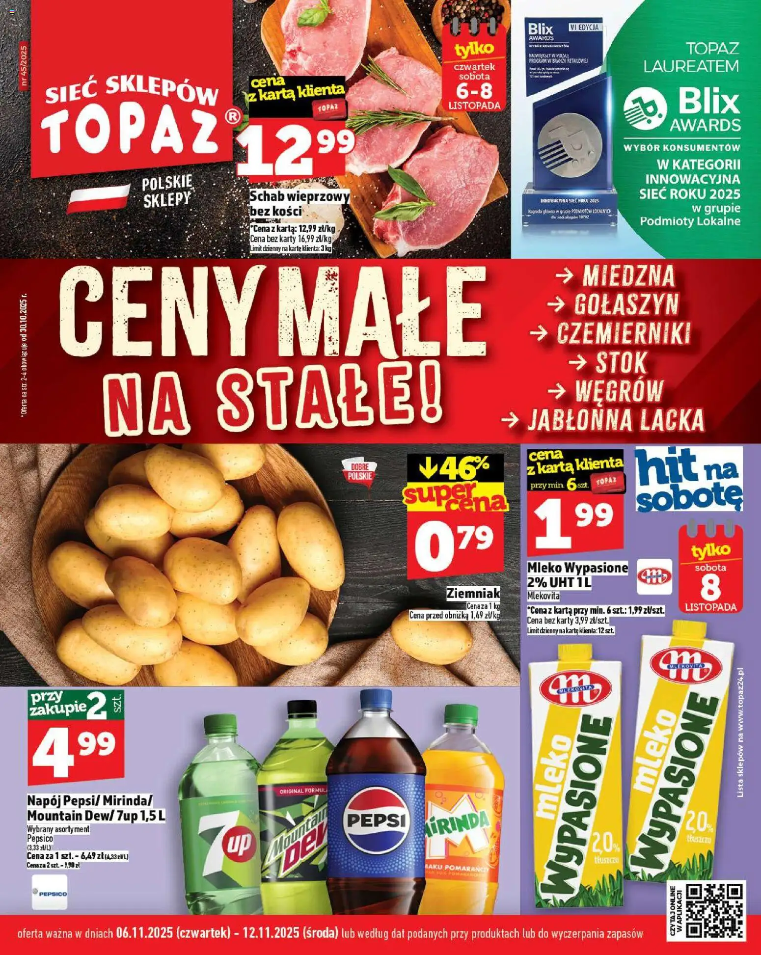 Topaz Gazetka - Ceny małe na stałe od 06.11.2025 | Strona: 1 | Produkty: Karta, Mleko wypasione, Pepsi, Mleko