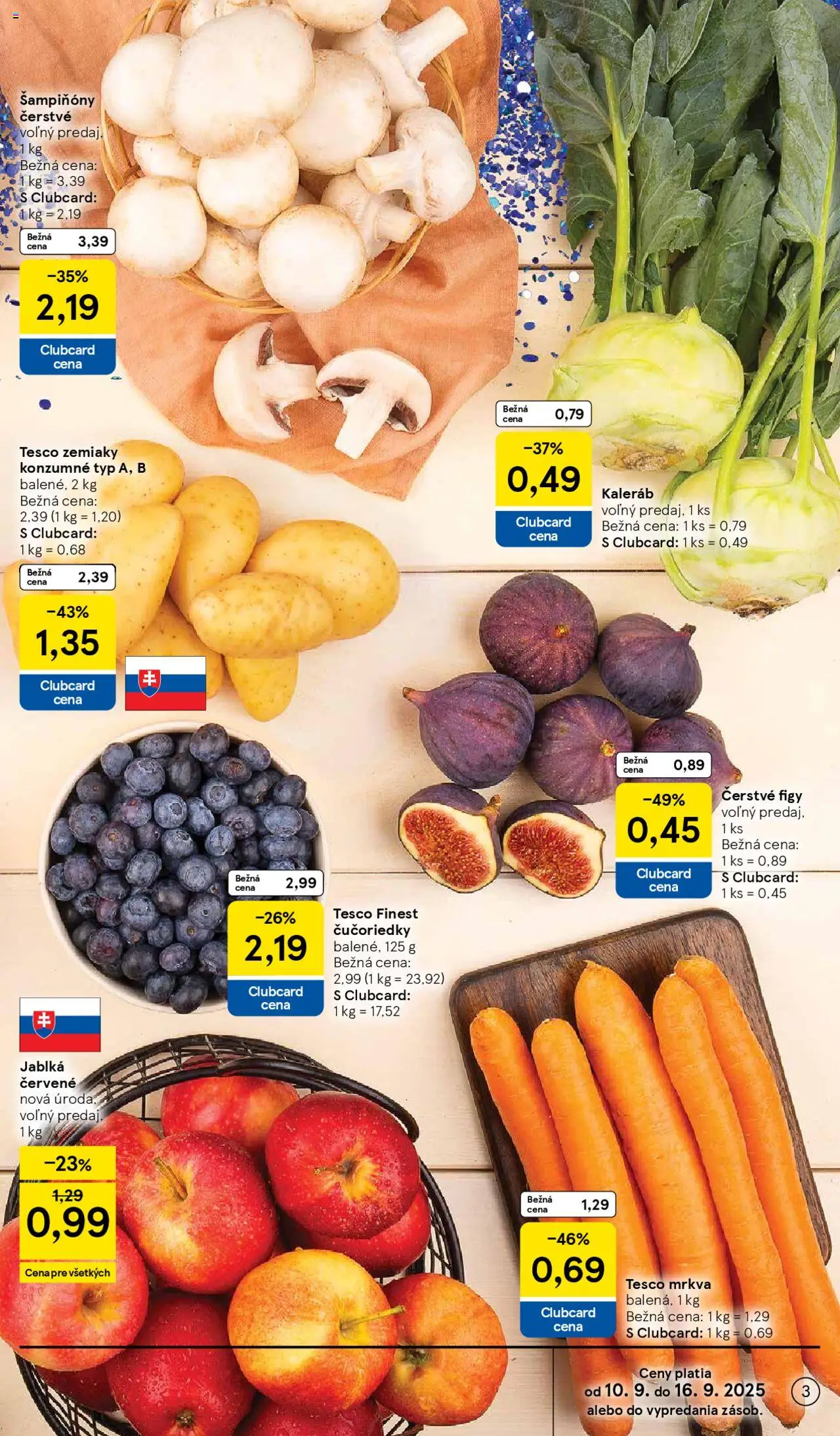 Nové Tesco akcie – leták je platný od 10.09.2025 | Strana: 3 | Produkty: Jablká, Čučoriedky, Mrkva, Zemiaky