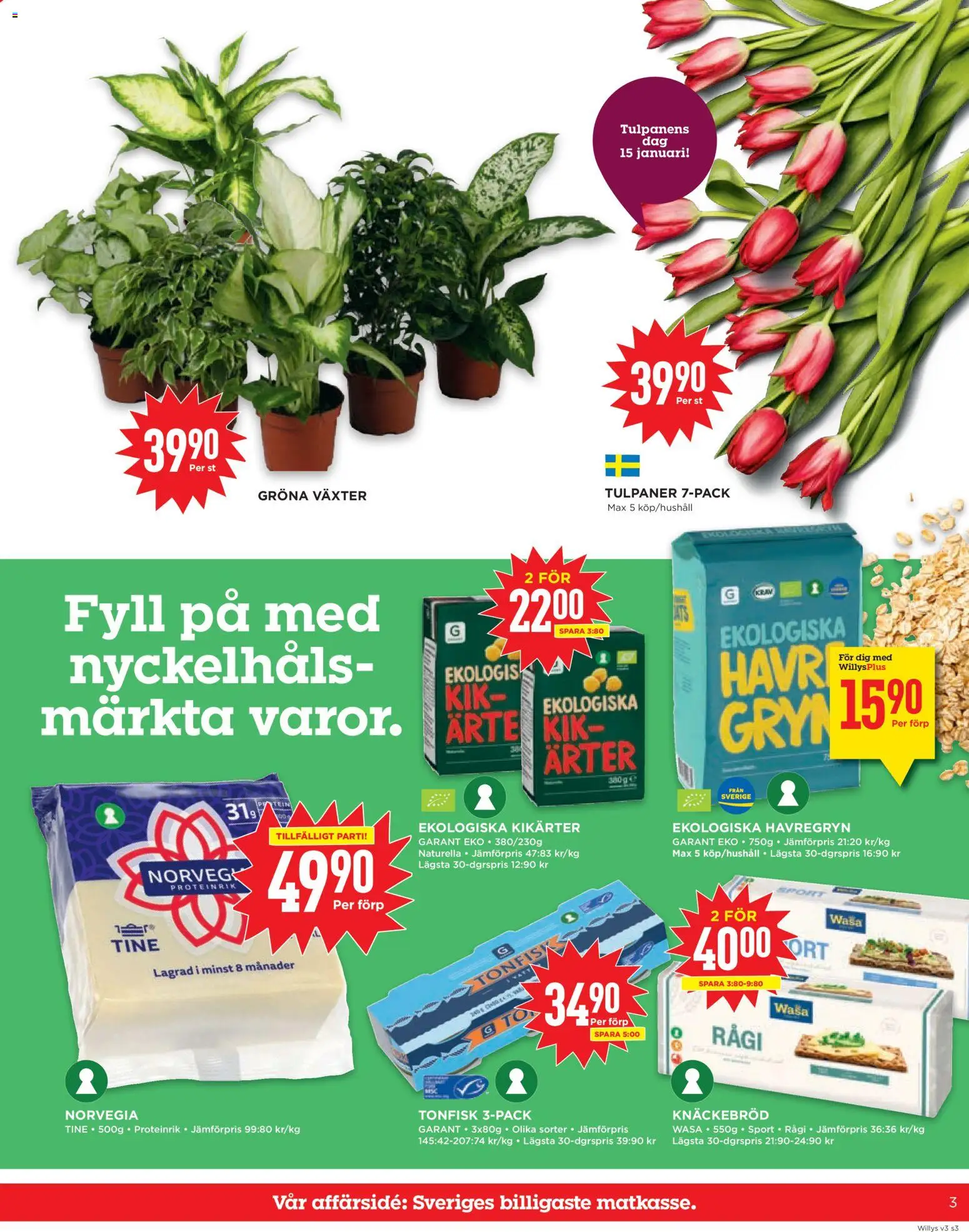 Willys reklamblad aktuell från 12.01.2026 | Sida: 3 | Produkter: Knäckebröd, Havregryn, Tonfisk