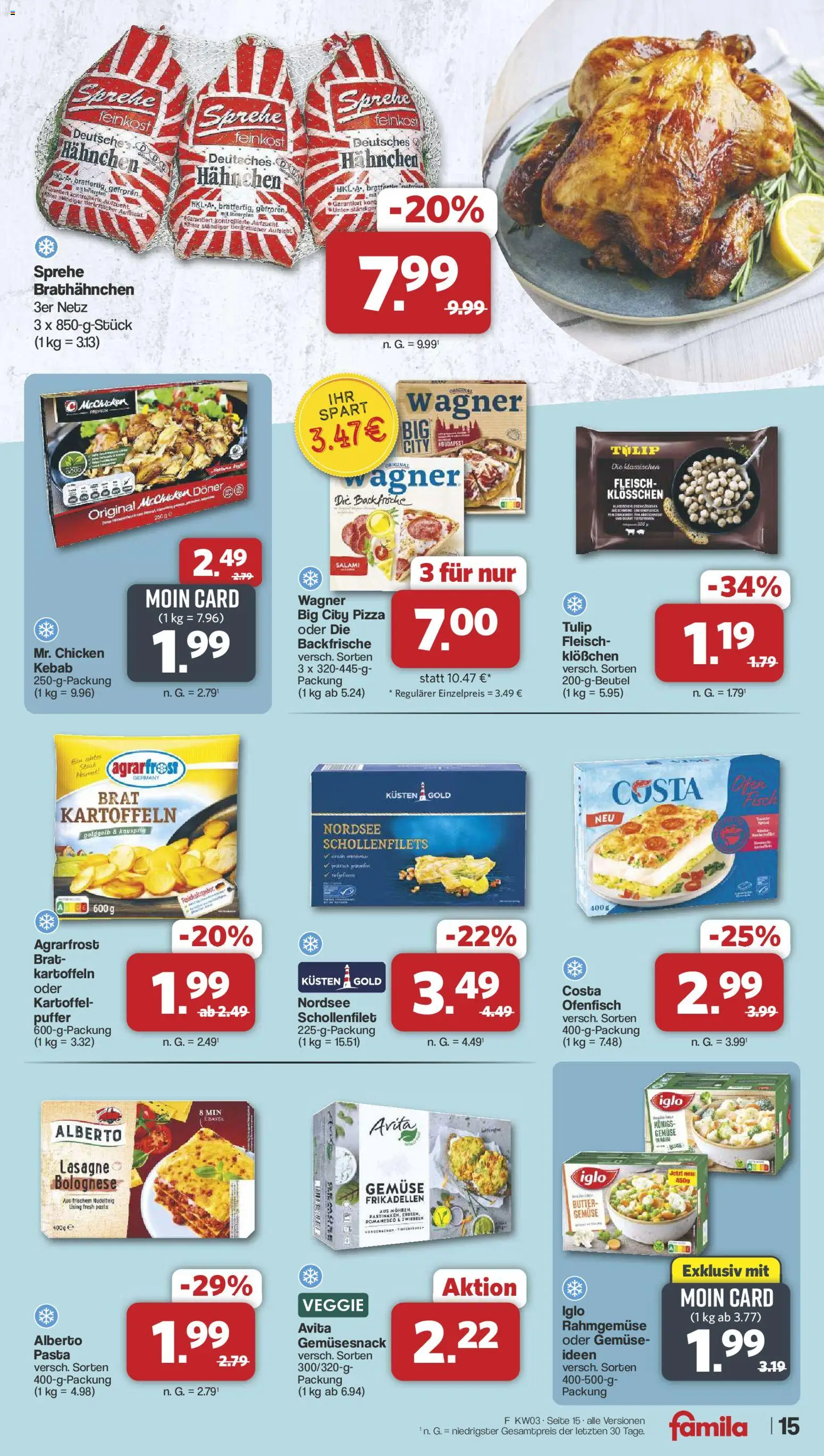 Famila Nordwest Prospekt 	 – gültig ab 12.01.2026 | Seite: 15 | Produkte: Hahnchen, Gemüse, Pizza, Fleisch