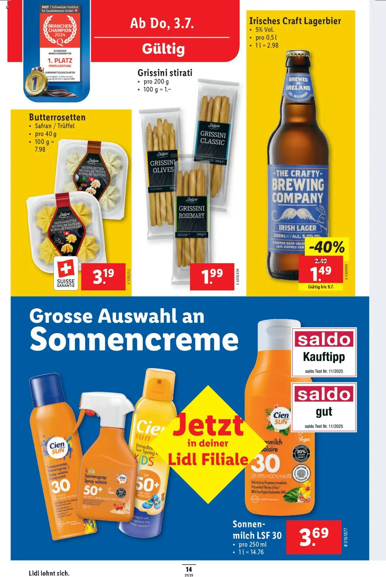 Lidl Aktionen ab 03.07.2025 | Seite: 14 | Produkte: Sonnencreme, Milch