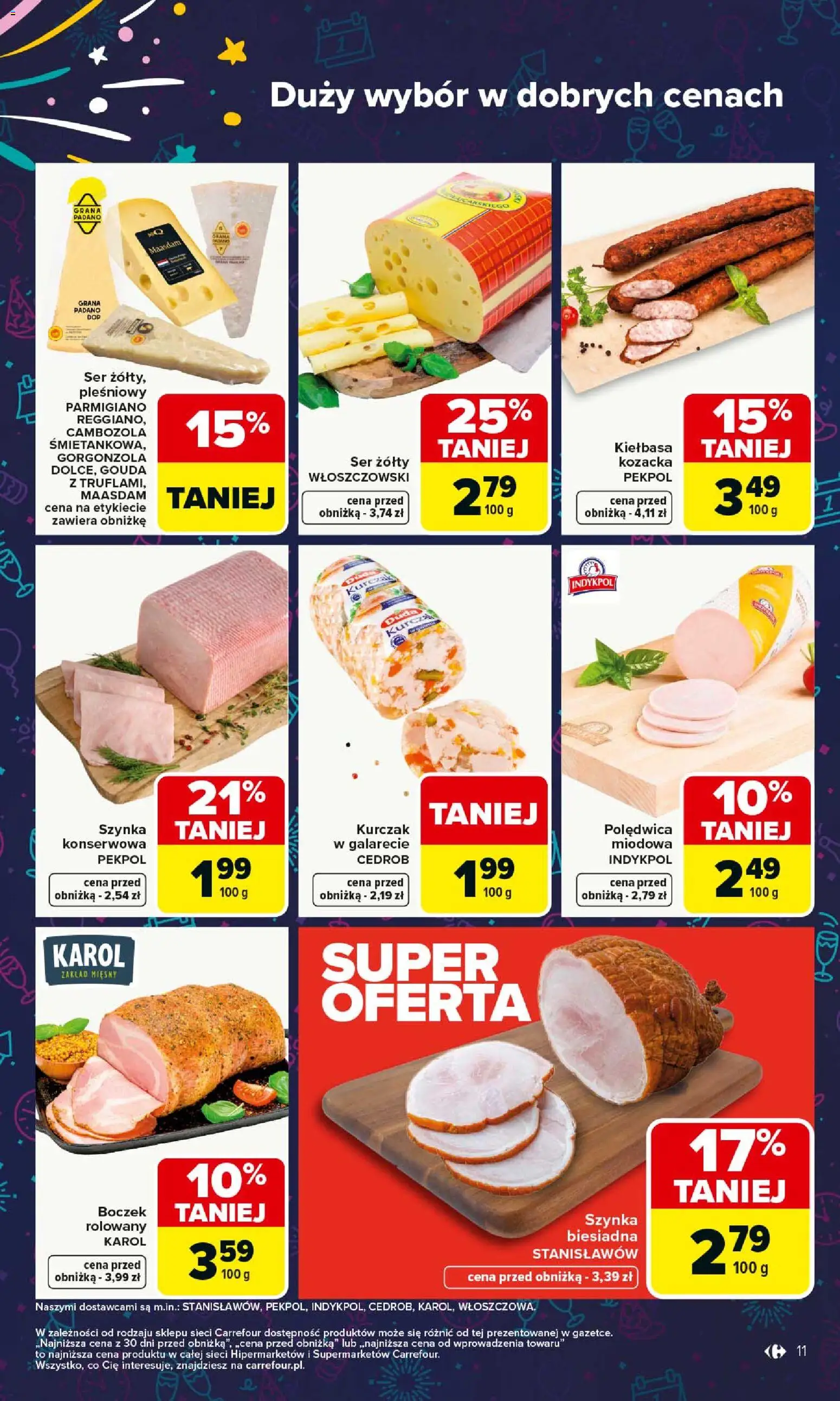 Carrefour Gazetka od 29.12.2025 | Strona: 11 | Produkty: Ser żółty, Grana padano, Szynka, Gorgonzola