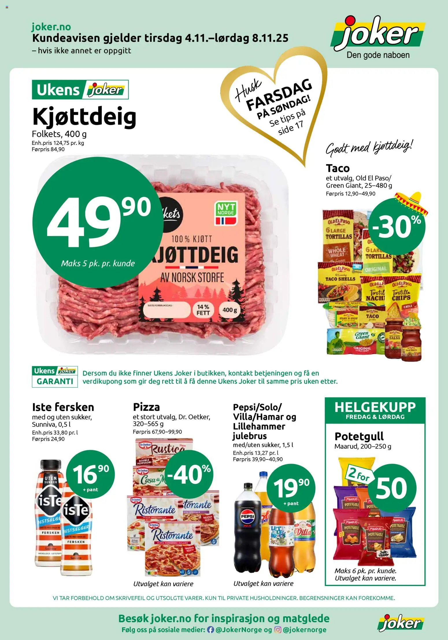 {H1} | Side: 1 | Produkter: Potetgull, Kjøttdeig, Iste, Kolasås