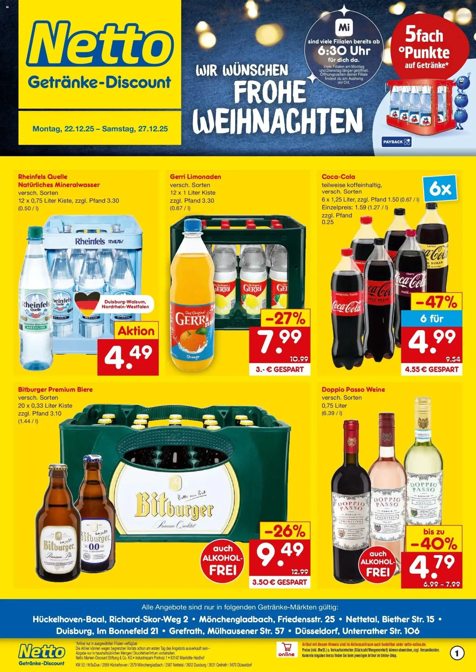 Netto Marken-Discount prospekt Mönchengladbach	 – gültig ab 22.12.2025 | Seite: 1 | Produkte: Cola, Mineralwasser, Doppio Passo, Coca cola zero