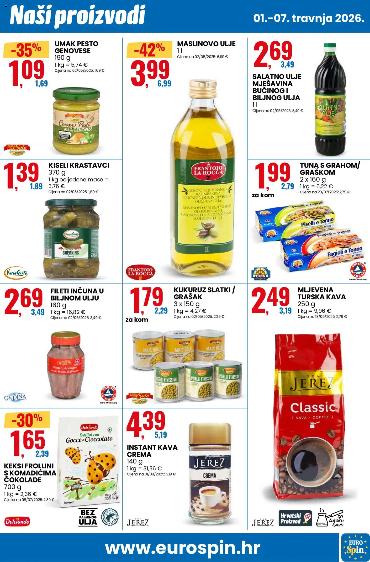 Eurospin katalog | vrijedi od 01.04.2026 | Stranica: 5 | Proizvodi: Keksi, Krastavci, Grašak, Tuna