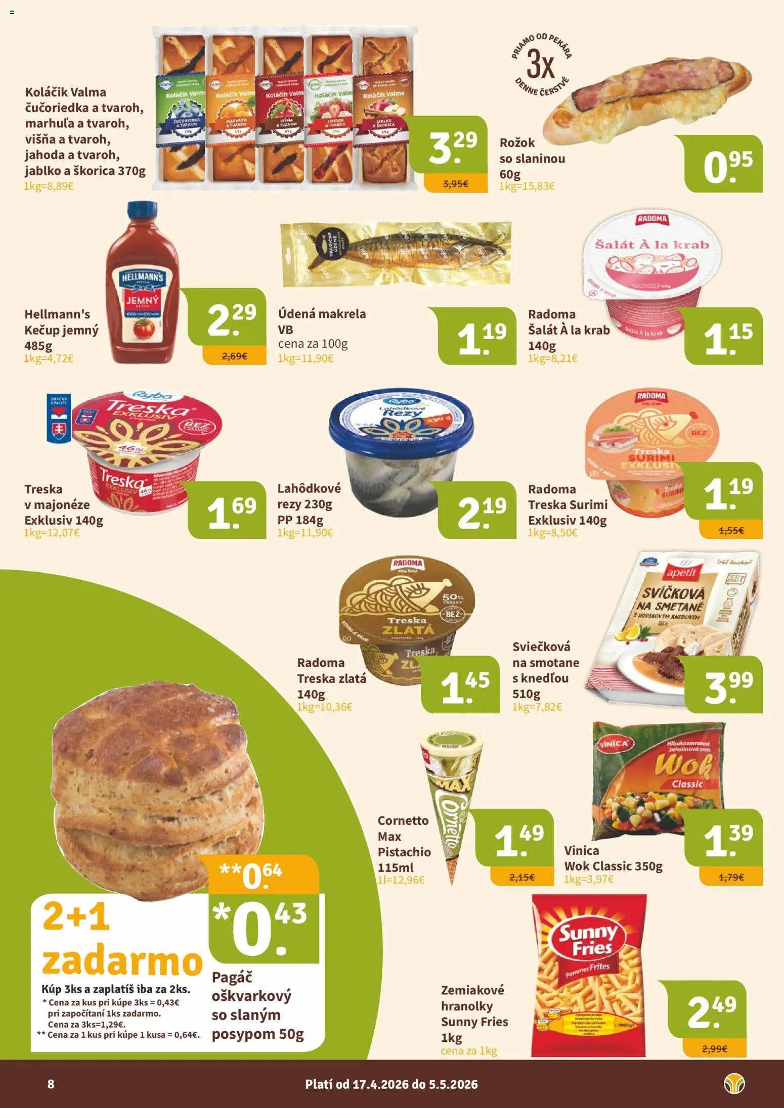 Nové Nitrazdroj akcie – leták je platný od 17.04.2026 | Strana: 8 | Produkty: Rožok, Tvaroh, Šalát, Treska