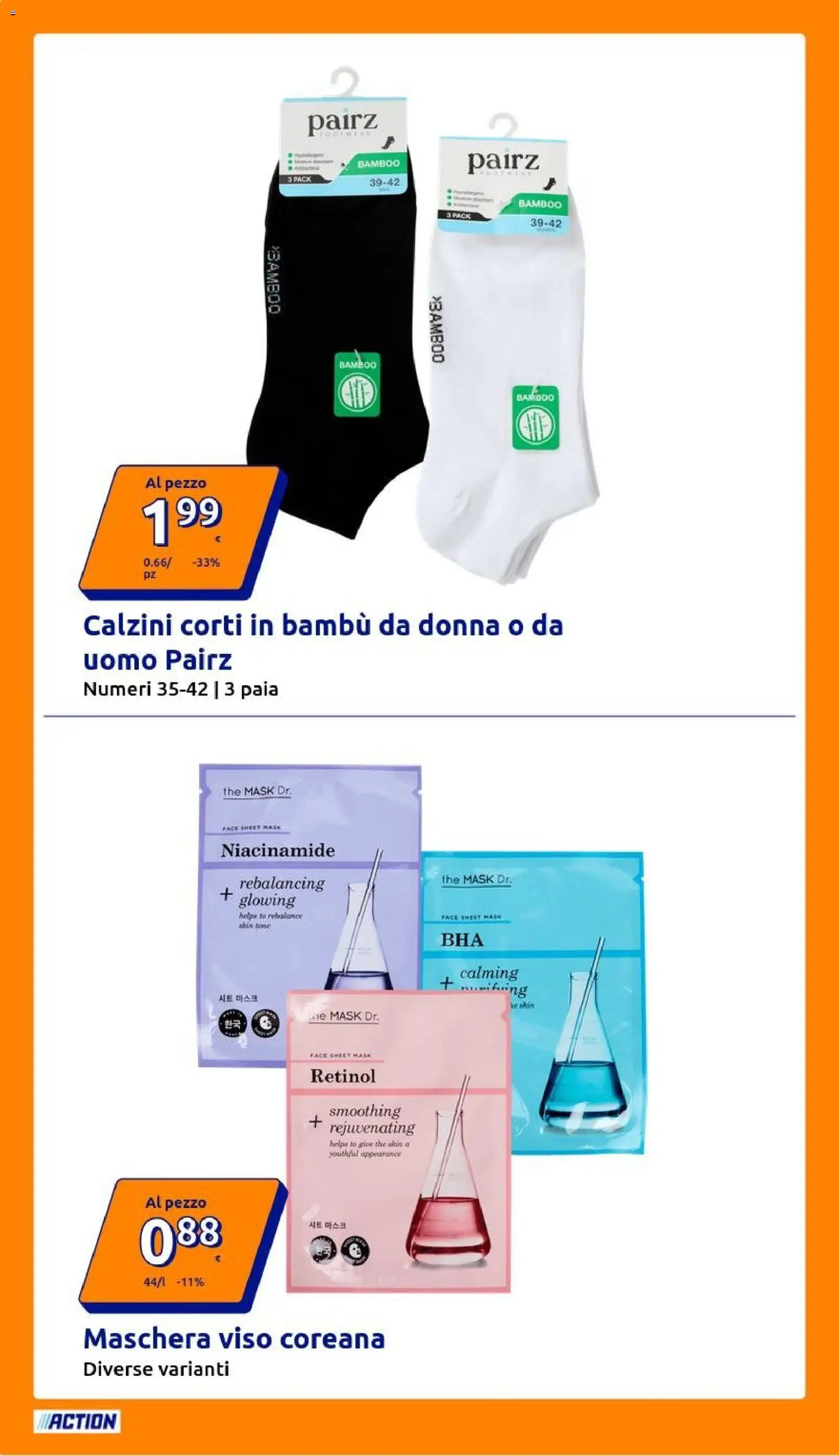 Volantino Action del 11.03.2026 | Pagina: 4 | Prodotti: Maschera, Maschera viso, Calzini, The