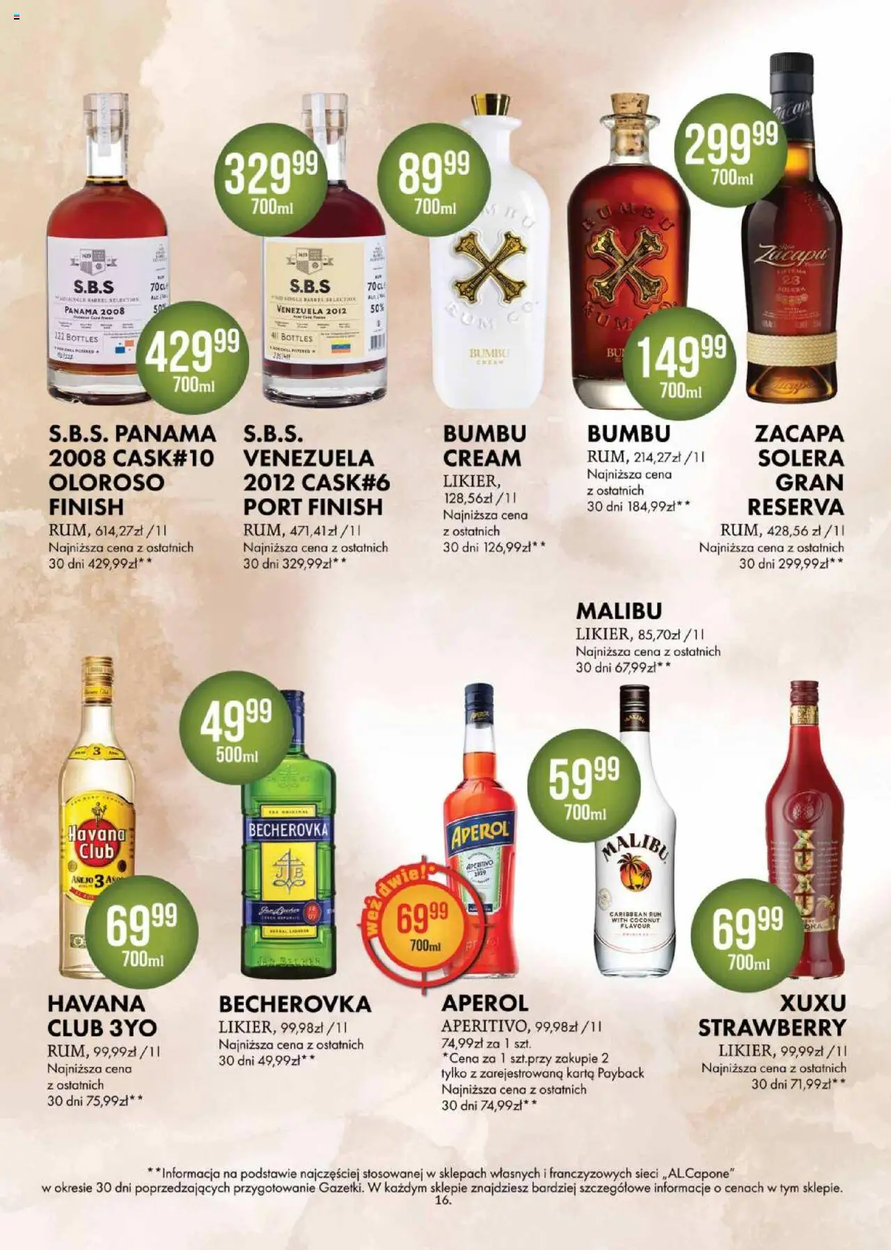 Al.Capone Gazetka od 11.08.2025 | Strona: 16 | Produkty: Karta, Zacapa, Finish, Aperol