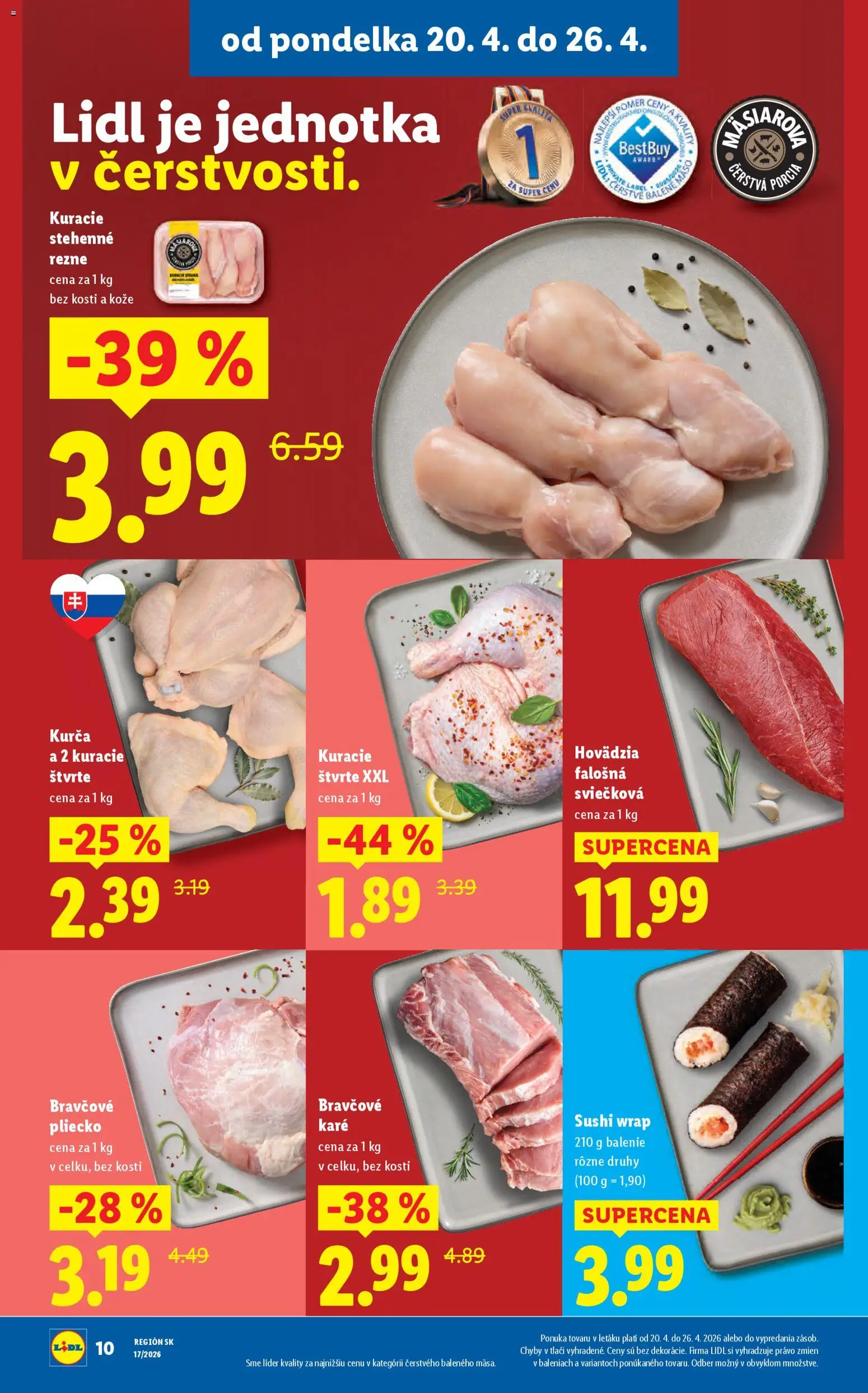 Nové Lidl akcie – leták je platný od 20.04.2026 | Strana: 10 | Produkty: Sushi, Kurča, Bravčové karé