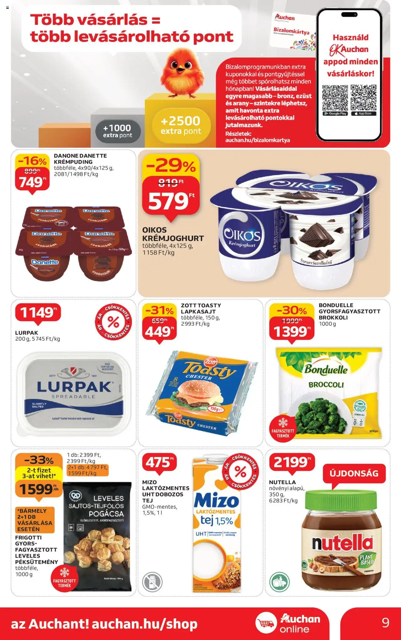 Auchan akciós ujság - amely érvényes a következő dátumtól: 11.09.2025 | Oldal: 9 | Termékek: Lapkasajt, Nutella, Tej, Pogácsa