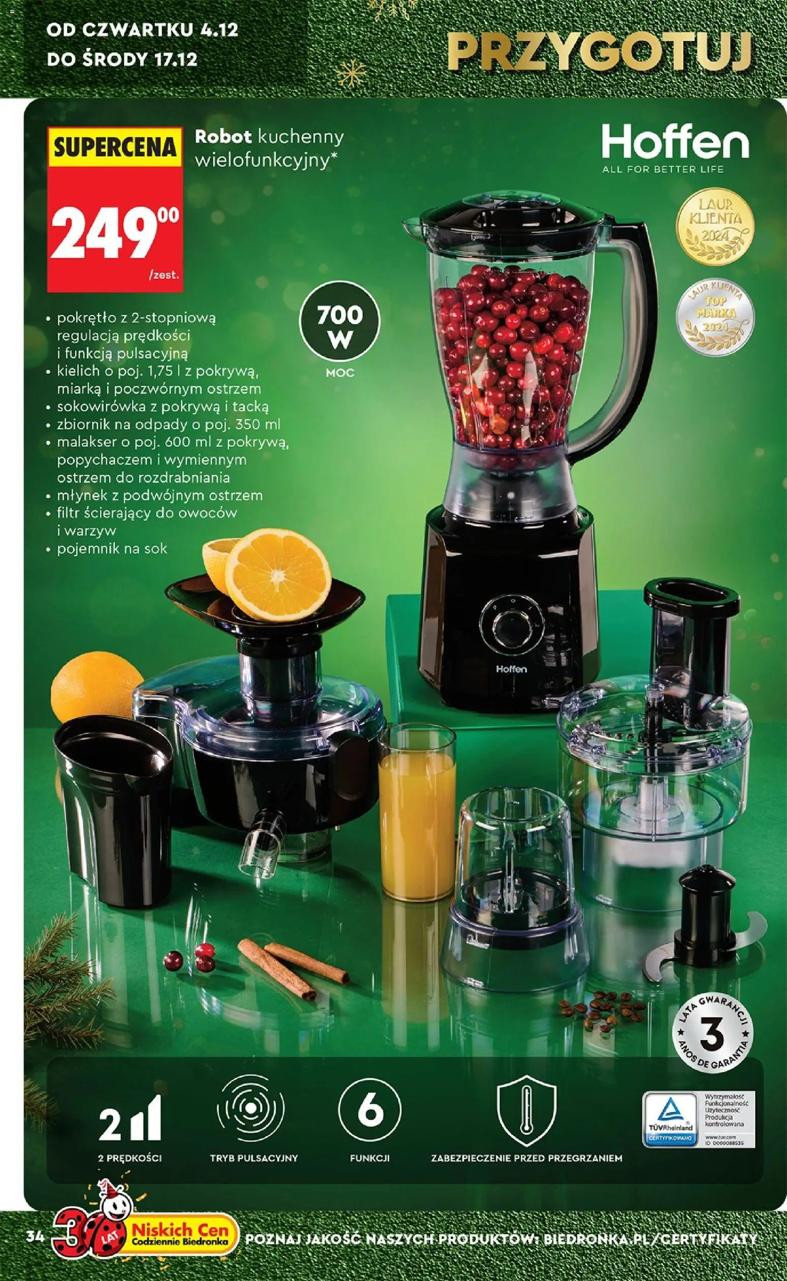 Biedronka gazetka - Hity i inspiracje od 29.11.2025 | Strona: 34 | Produkty: Robot kuchenny hoffen, Robot kuchenny, Młynek, Sokowirówka